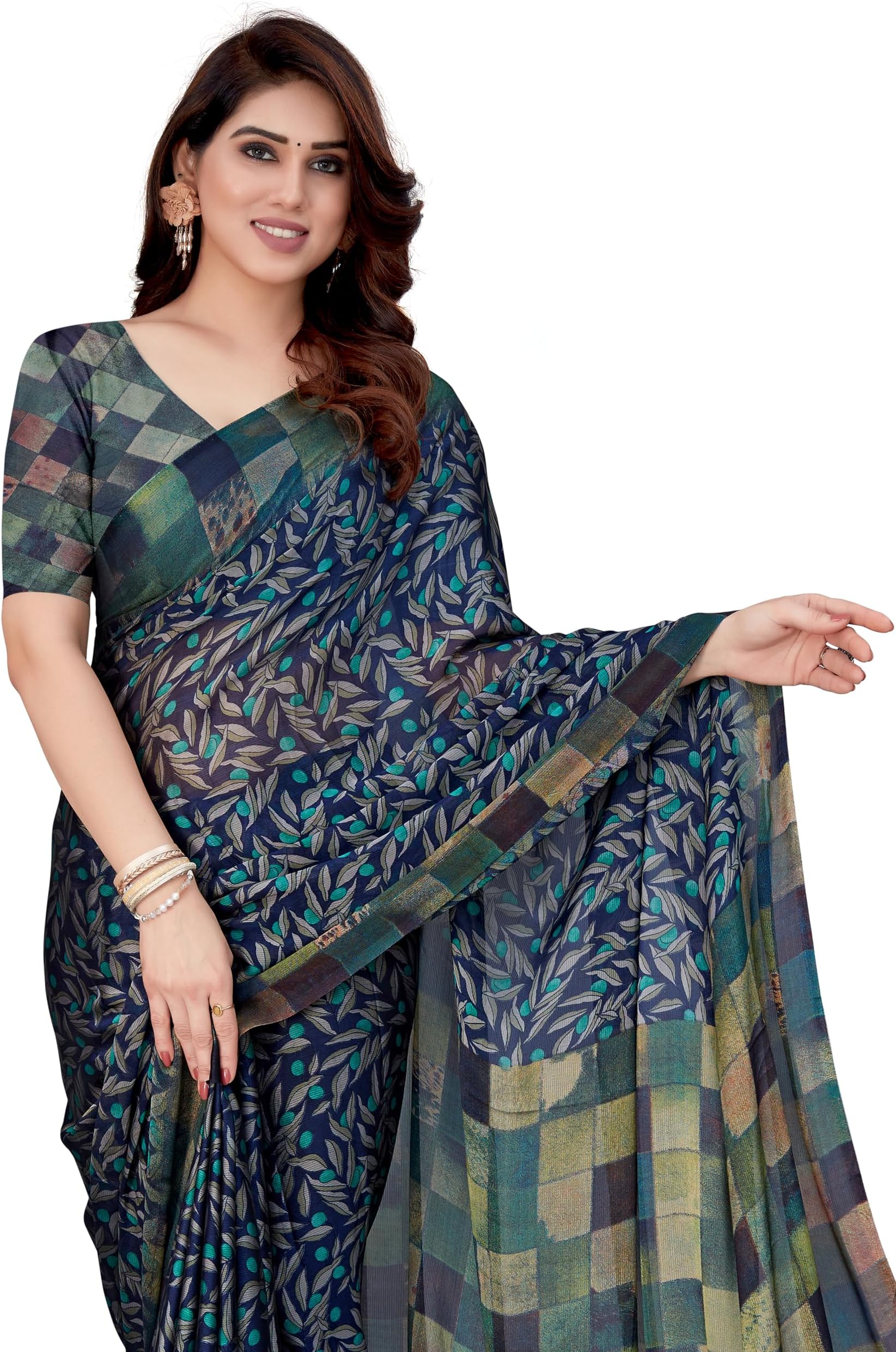 Women Designer Organza Leaf Printed Checked Woven Saree with Blouse Piece