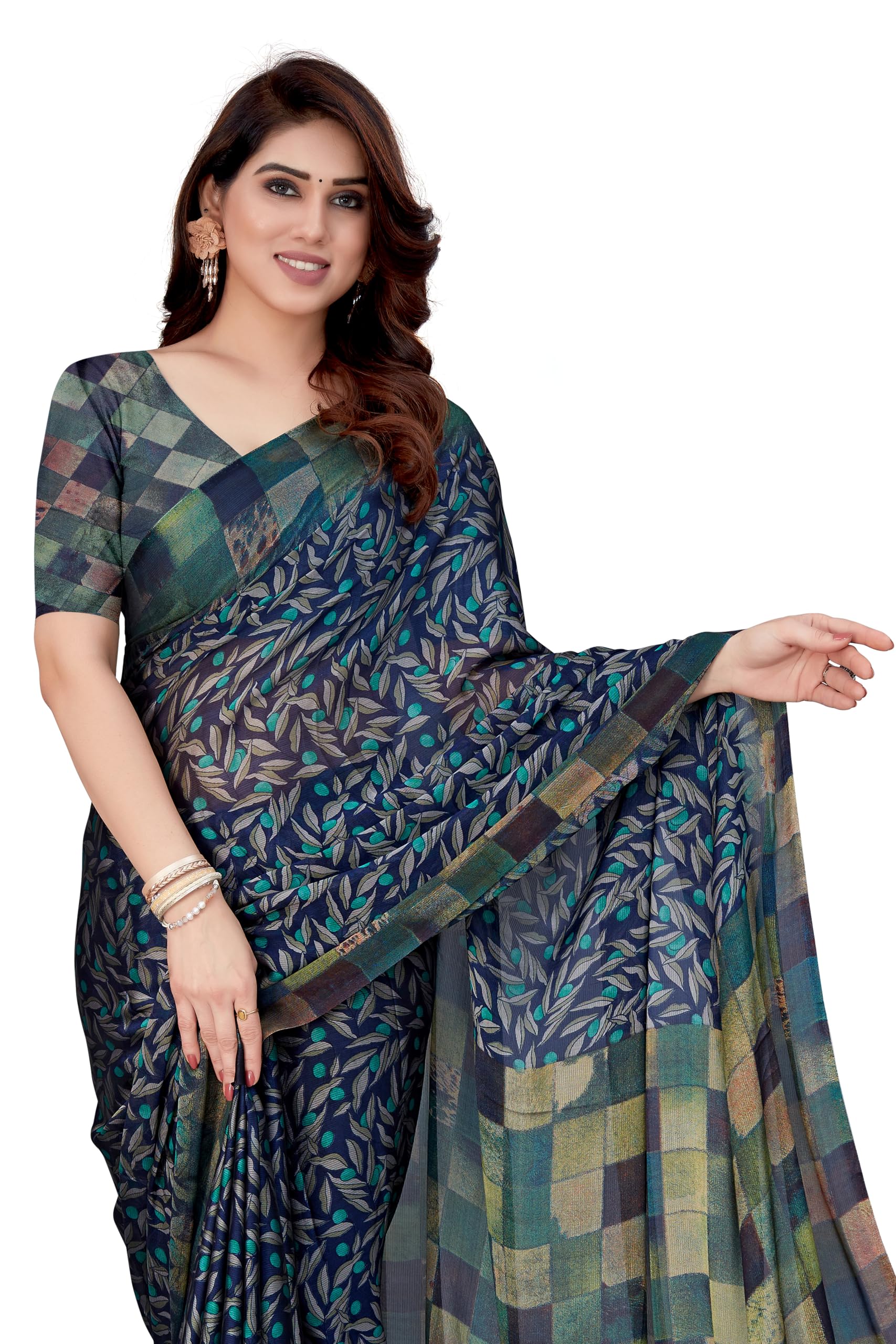Women Designer Organza Leaf Printed Checked Woven Saree with Blouse Piece