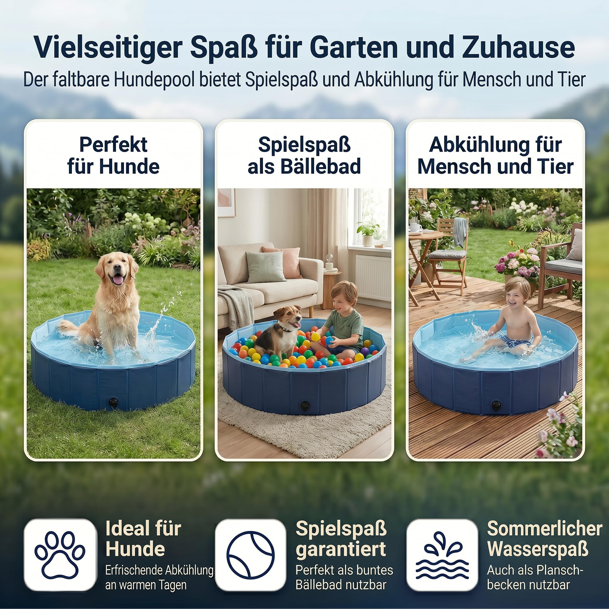 Hundepool faltbar 120cm x 30cm Planschbecken mit Auslauf Bällebad