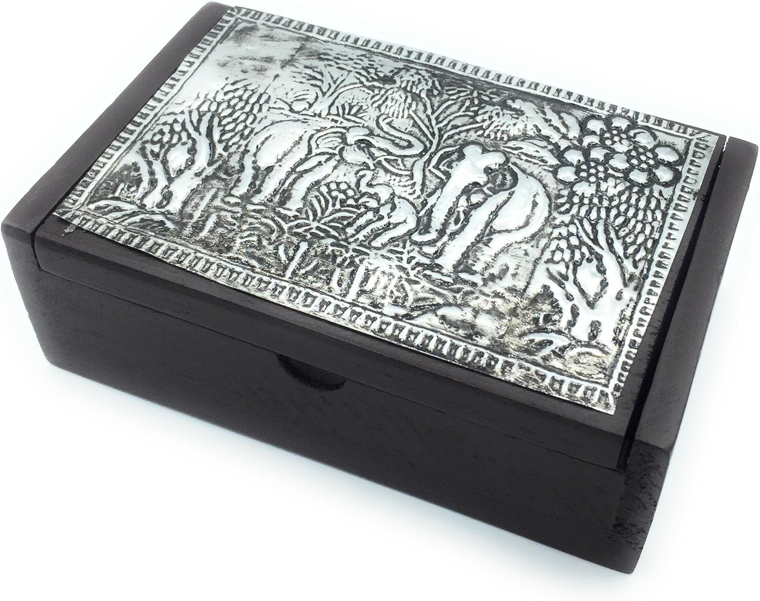 WD-FB-021 Thai Vintage Handcraft Teak Wood Box Holder with Elephant Plate Decoration 100% Handmade for Jewelry, Coin, Ring, Earring Business Card etc (Size 11 X 7 X3.5 cm) in Thailand