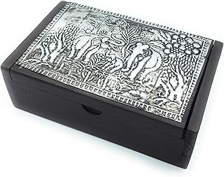 WD-FB-021 Thai Vintage Handcraft Teak Wood Box Holder with Elephant Plate Decoration 100% Handmade for Jewelry, Coin, Ring, Earring Business Card etc (Size 11 X 7 X3.5 cm) in Thailand