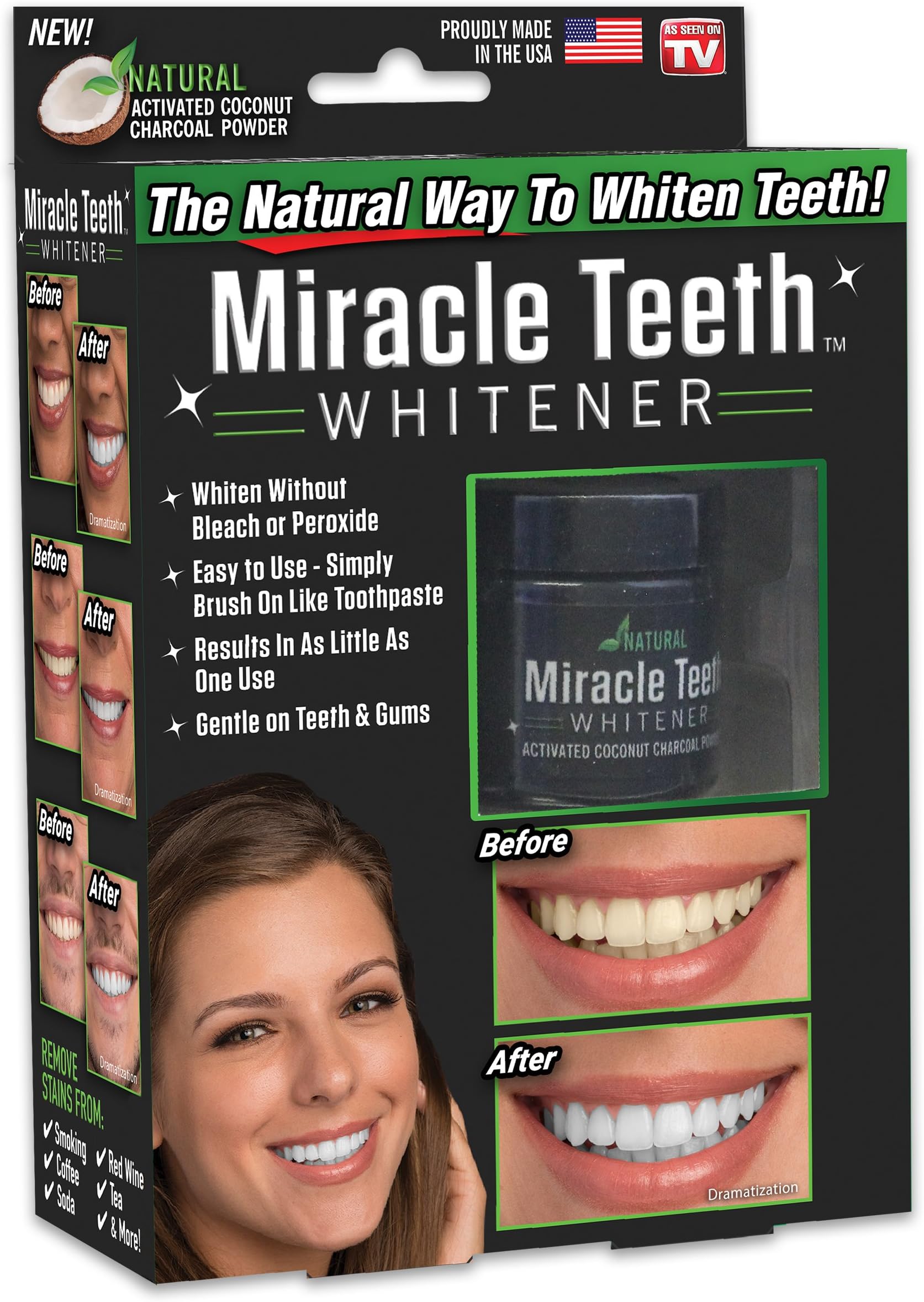 ONTEL Miracle Teeth Whitener | Natural Whitening Coconut Charcoal Powder | Gentle on Teeth and Gums and Removes Stains Caused by Smoking, Coffee, Soda, Red Wine and More! – As Seen on TV