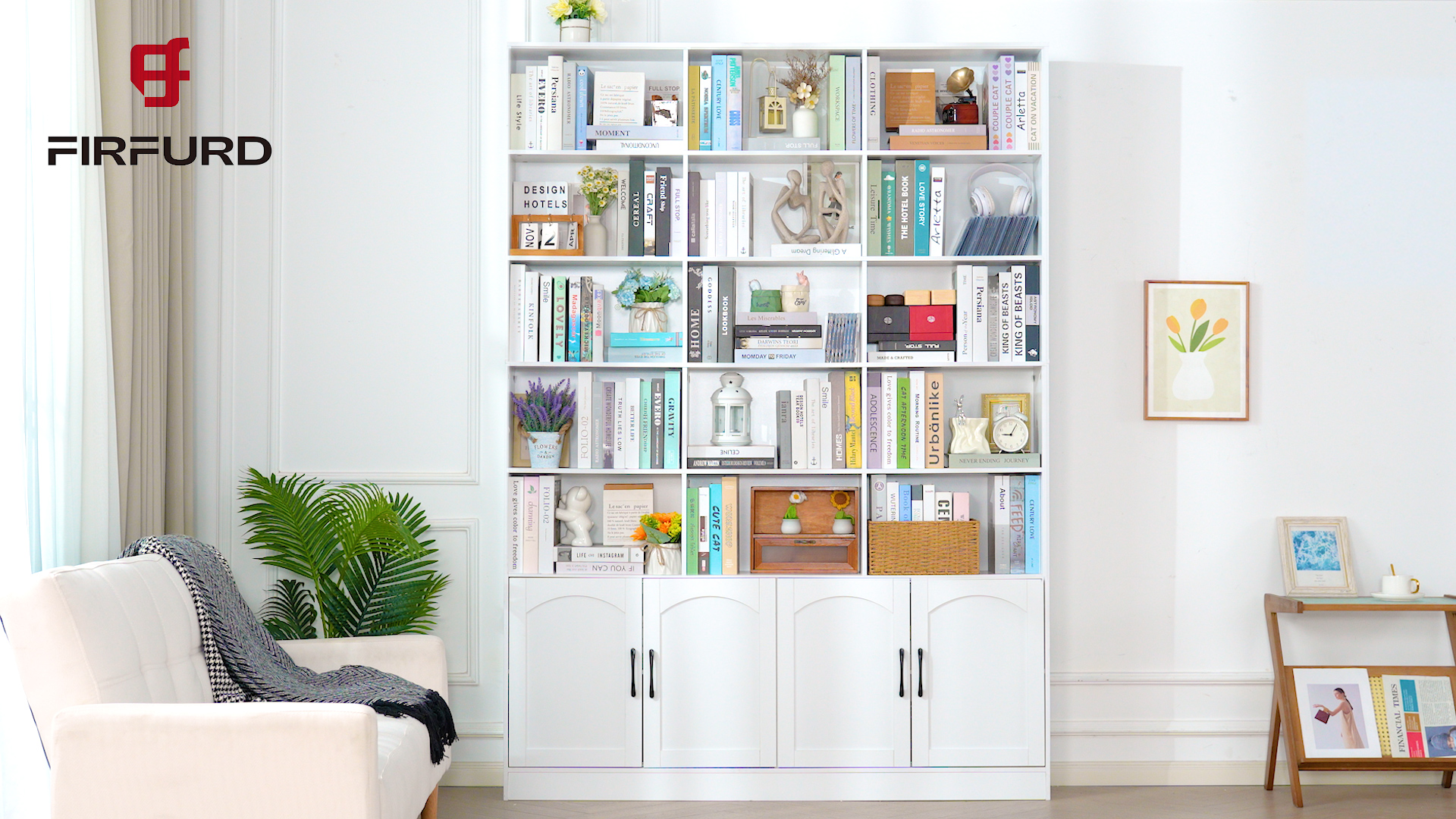 Libreria Angolare FirFurd 187,3 Cm – 12 Scomparti Aperti E 4 Ante, Design A L, Salvaspazio, Base Rialzata, Per Soggiorno E Studio, 80x80x187,3 Cm (Bianco)