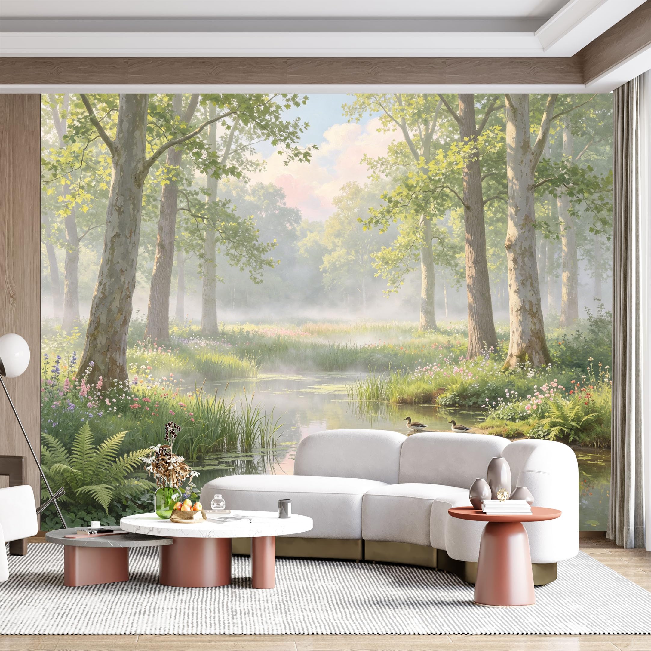 Custom Size Wall Mural Misty Forest Lake Ducks Wildflowers Seascape Watercolor SelfAdhesive Wall Fabric Removable for Home Office Decor