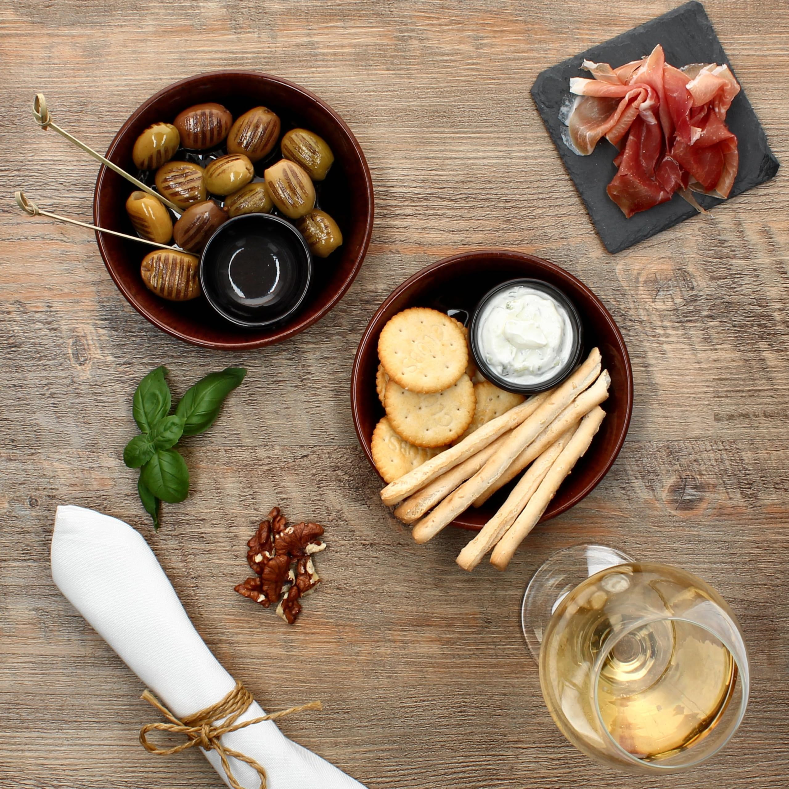 MamboCat Juego Tapas schaal, set van 2 stuks, diameter 17,8 cm, donkerbruine olijfschaal, kleischaal met geïntegreerd schaaltje voor kernen of dip, cazuela voor antipasti & Co