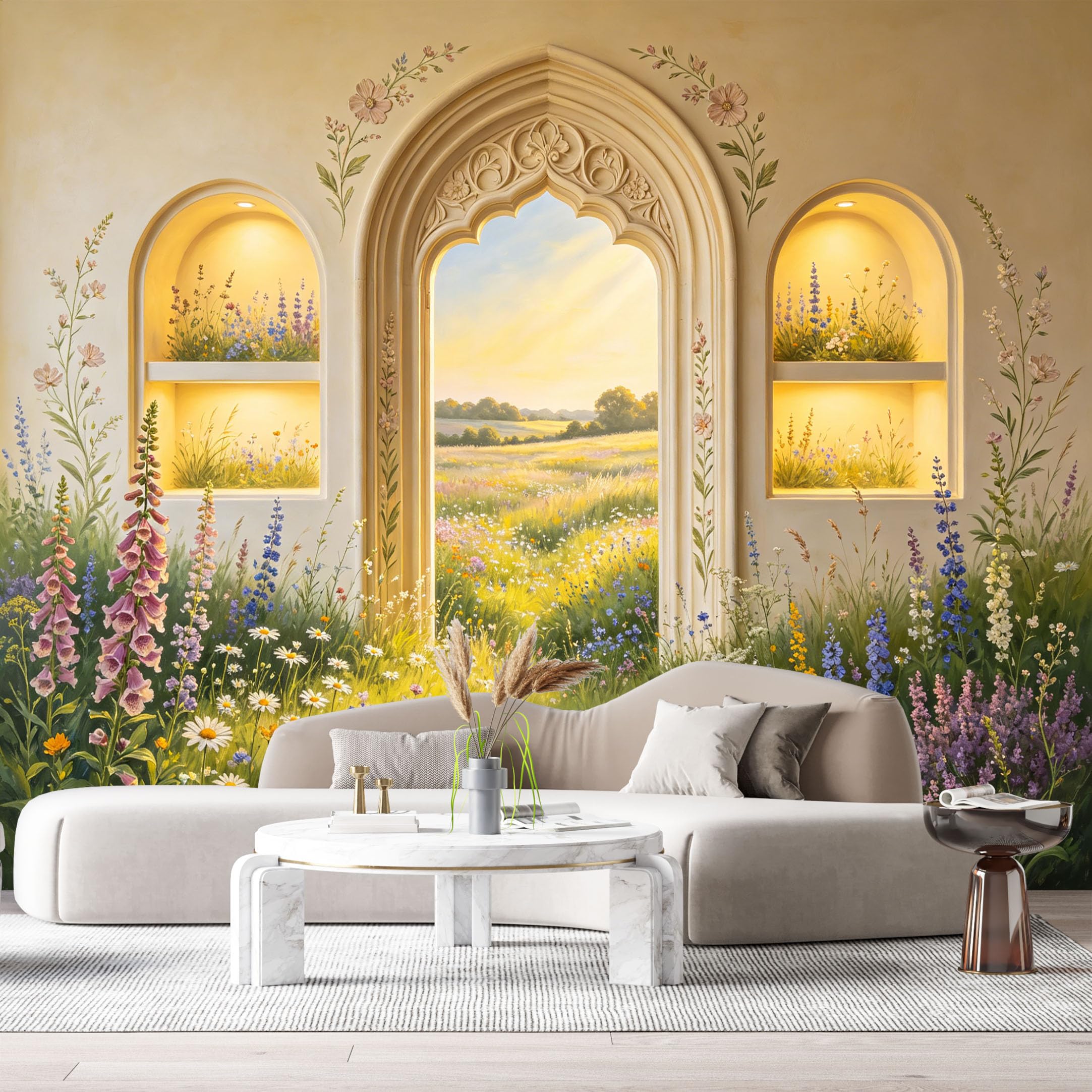 Custom Size Wall Murals Gothic Archway Garden Landscape Botanical 3D Trompe L'Oeil SelfAdhesiveWall Fabric Removable Wallpaper Wall Decor for Living Room Bedroom Bathroom