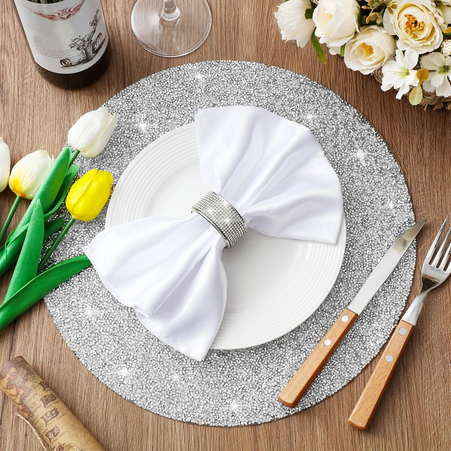 Suclain 12 Pcs Crushed Diamond Silver Napkin Rings Rhinestone Placemats Set Napkin Rings Holder Silver Crushed Rhinestone Placemats 13 x 13'' for Wedding Party Dinner Table Decoration (Stylish Style)