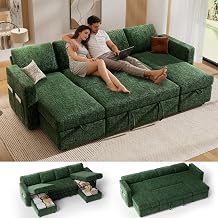 Vipbear 106" Sectional Sleeper Sofa with Pull Out Bed, U Shaped Couch Sleeper Sofa Bed, Pull Out Couch with Reclining Backrest, Double Storage Chaise, USB Ports, Tool-Free Assembly, Chenille Green