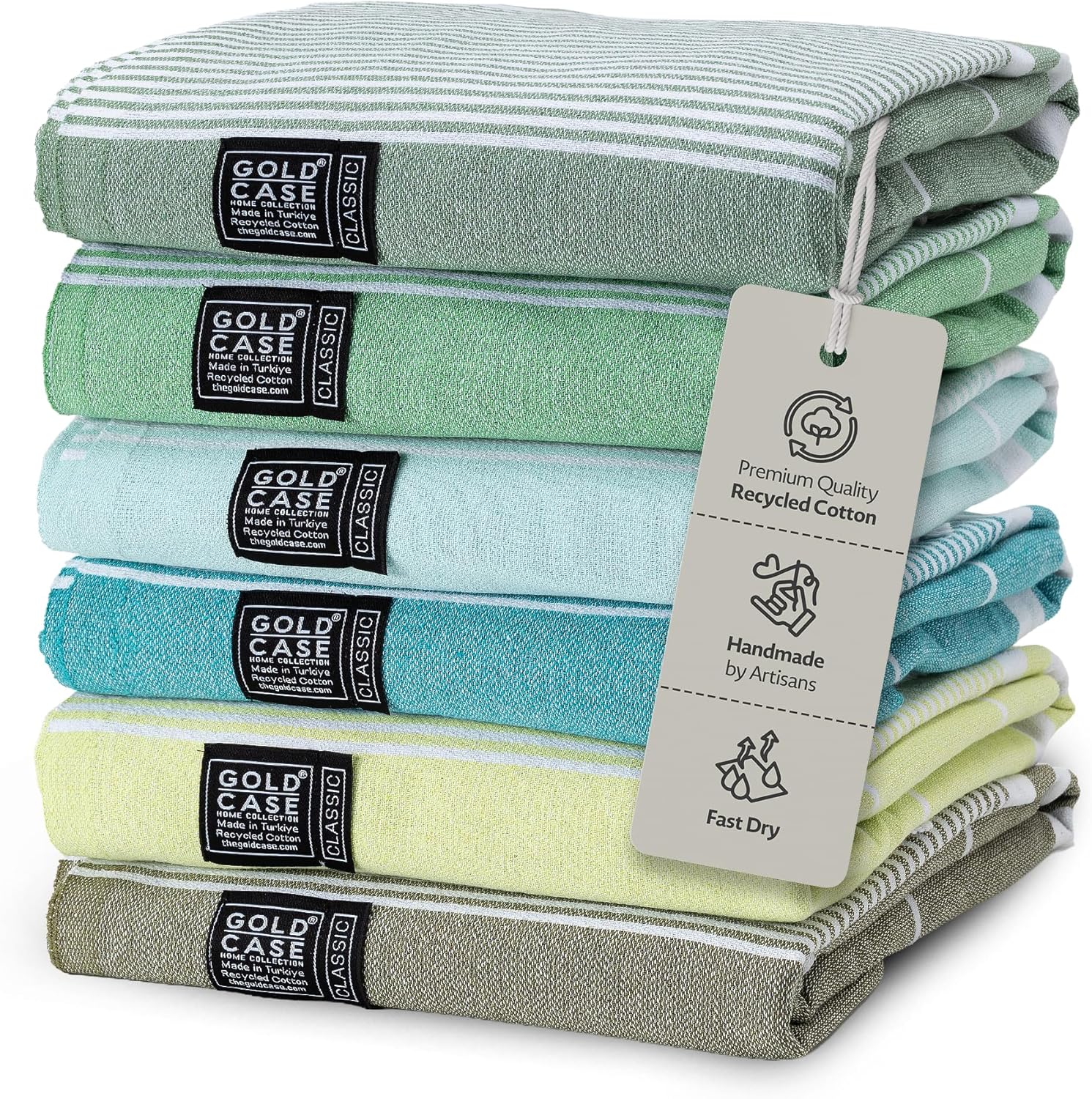 Gold Case Hera Turkish Beach Towels Set of 6-67x37 Inch Oversized Sand Free Quick Dry Pool Towels Made in Türkiye - Green Tones