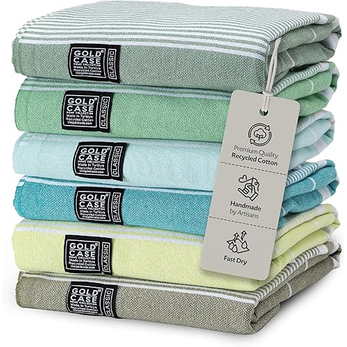 Gold Case Hera Turkish Beach Towels Set of 6-67x37 Inch Oversized Sand Free Quick Dry Pool Towels Made in Türkiye - Green Tones