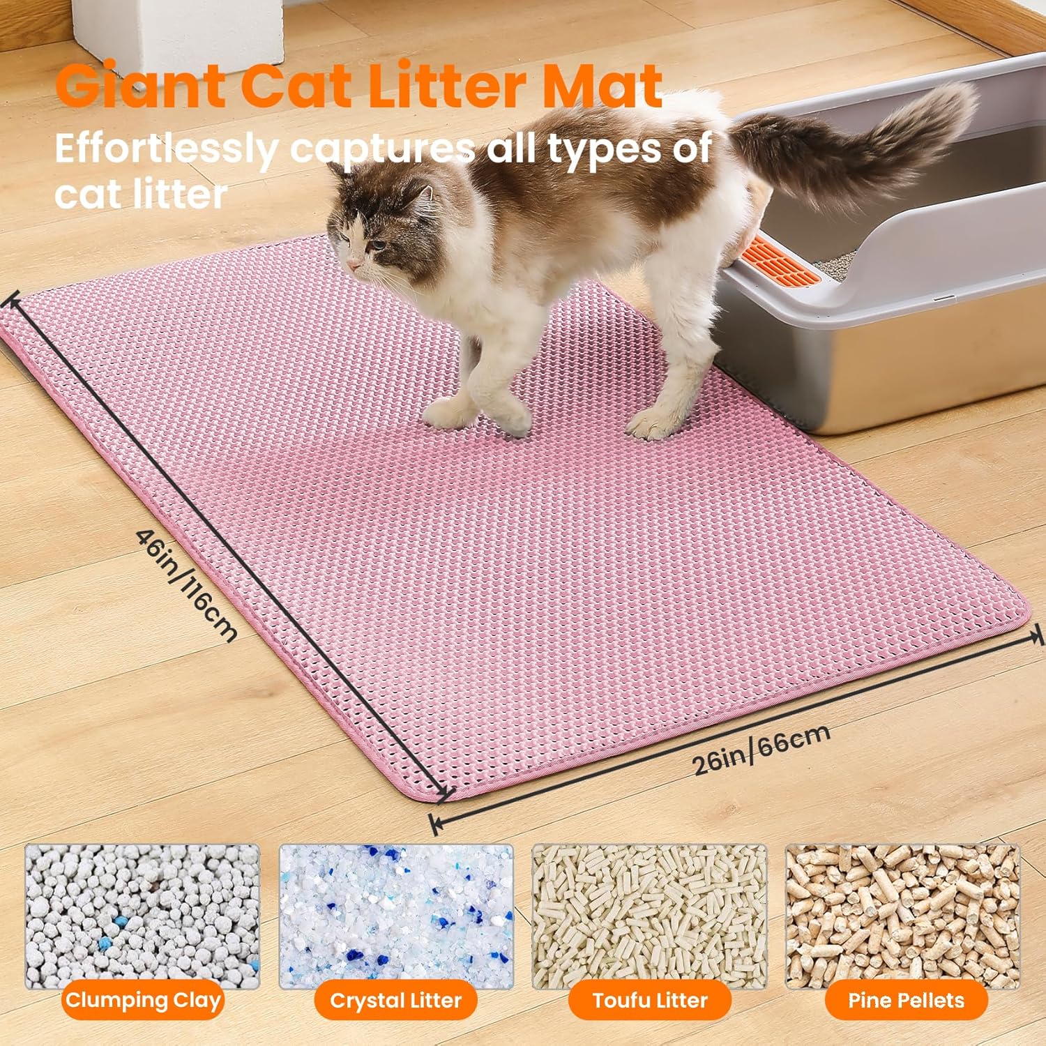Jumbo Cat Litter Mat, 46x26 Inches Double Layer Honeycomb Litter Trapping Mat, Non Slip Waterproof Urine Proof Extra Large Cat Litter Box Mat, Kitten Supplies and Essentials, XXL, Pink