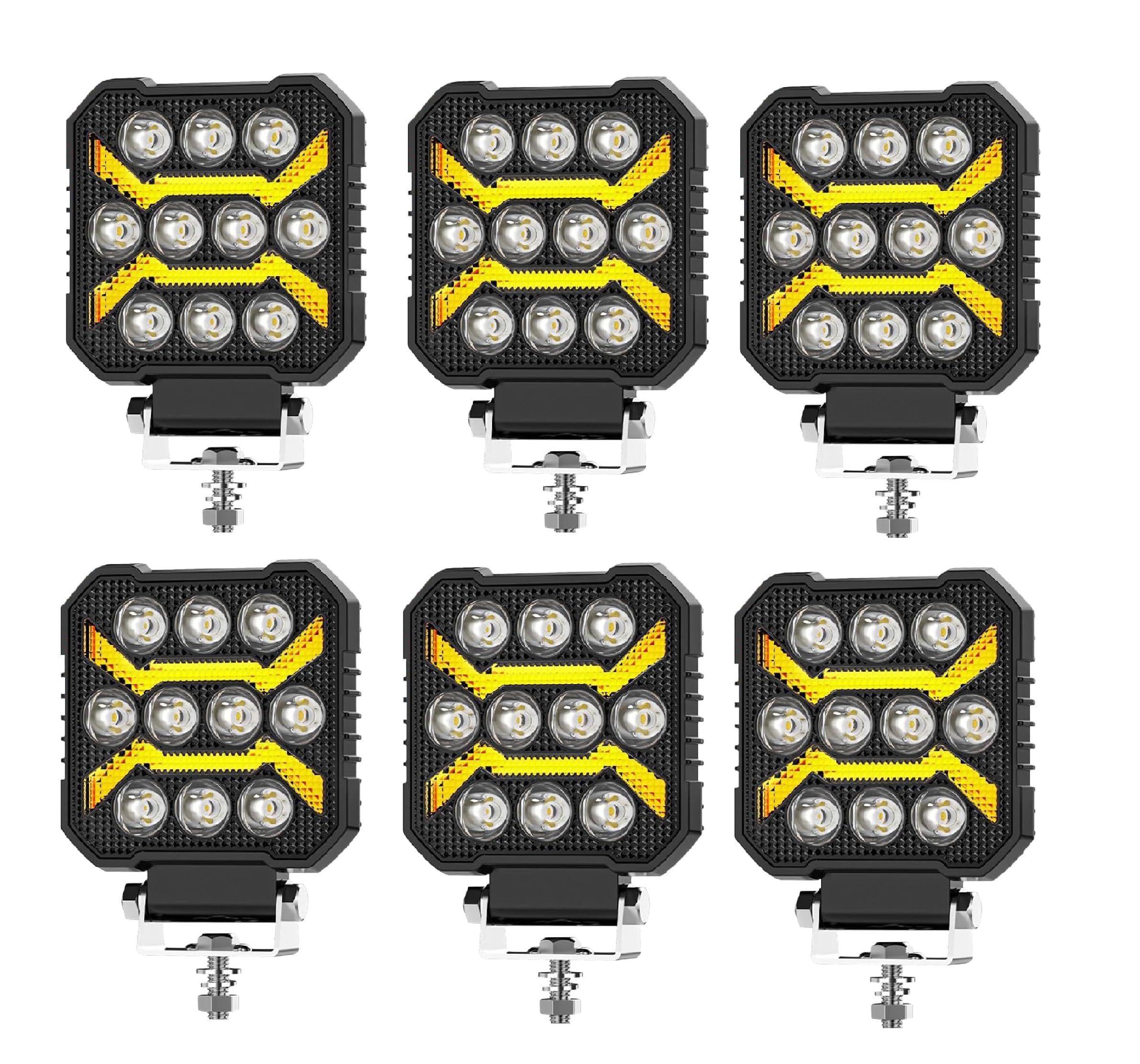 Générique 6 reflektorów roboczych Auxiliare Square LED 12 V, 24 V, 17 W, 1700 lm, projektor dalekiego zasięgu + pomarańczowe światło pozycyjne DRL, do samochodu, ciężarówki, roweru górskiego, 4 x 4