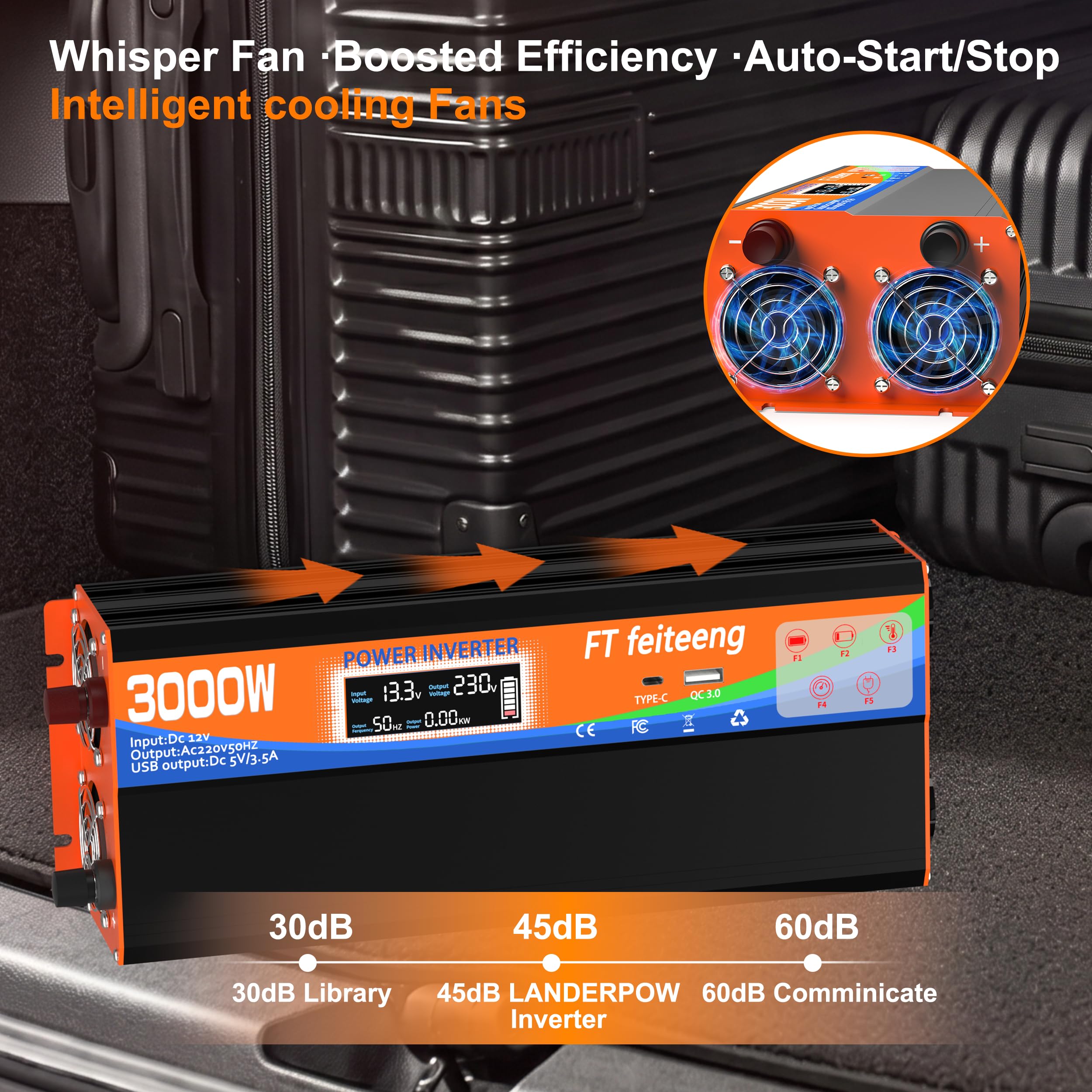 3000W Wechselrichter 12V auf 230V Spannungswandler mit 2 Europäische Steckdose und USB-C-Anschluss und QC 3.0-Hafen LCD Spannungsanzeige，Für Wohnmobil Haushaltsgeräten