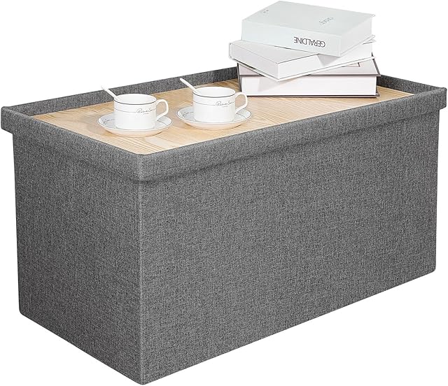 Bonlife Large Grey Foldable Ottoman Bench with Coffee Table,Linen Toys Chest with Lid,Footstool for Living Room,Support 250KG,76x38x38CM