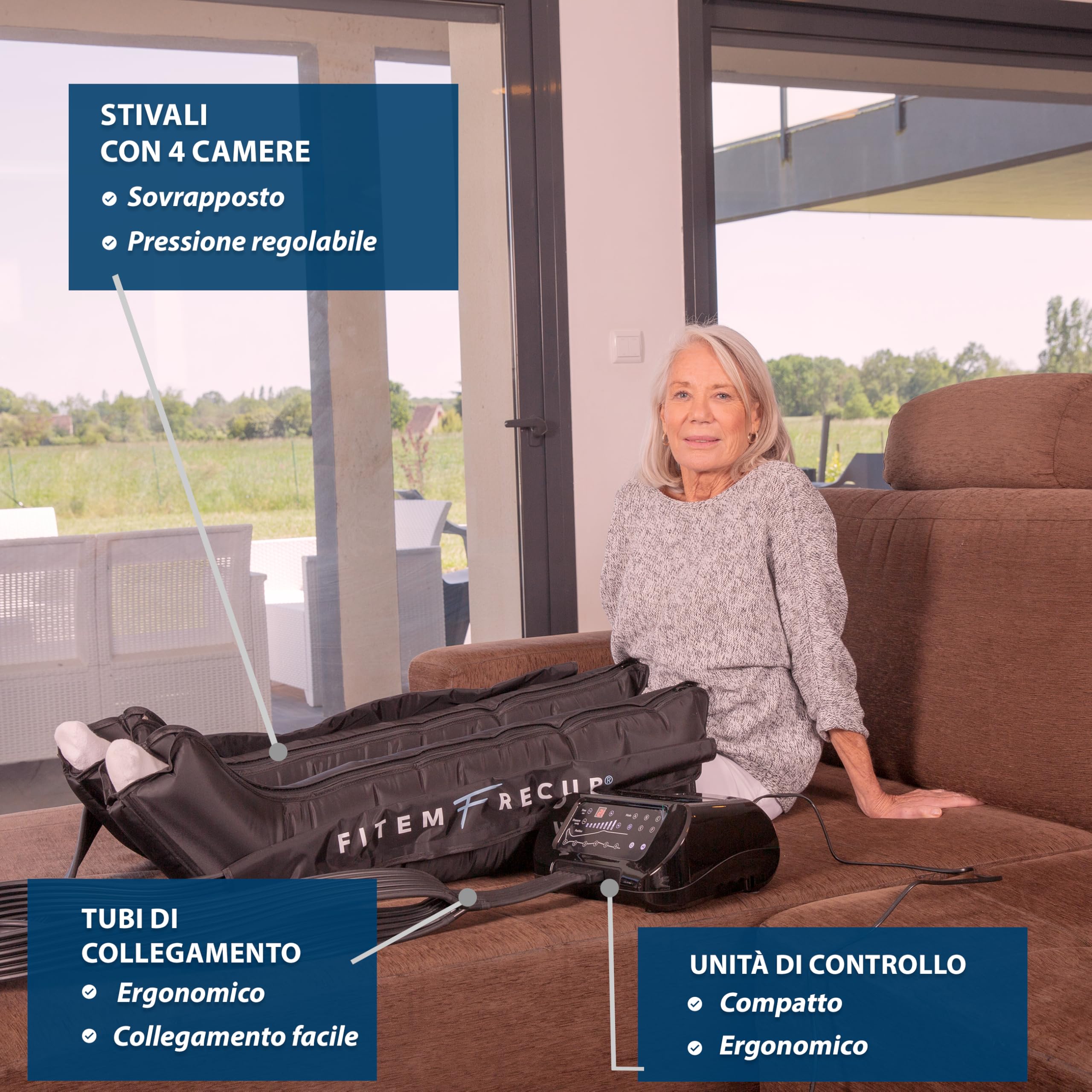 Fitem Stivali da pressoterapia 6 programmi - 6 camere - Massaggio profondo gambe, piedi - Drenaggio linfatico, gambe pesanti, edema, linfedema, lipoedema, cellulite - recupero sportivo - Garanzia (L)