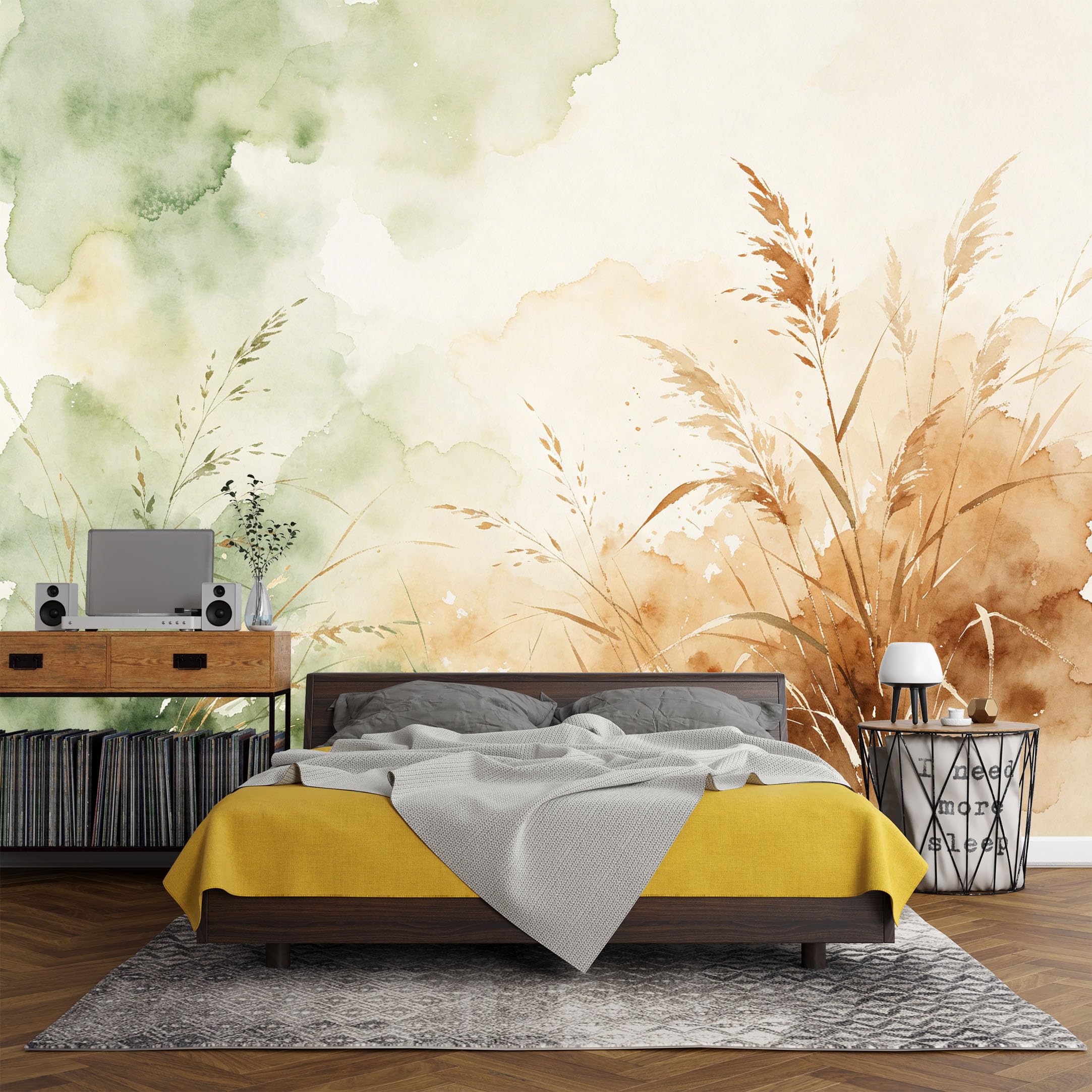 Custom Size Wall Mural， Botanical Watercolor Grasses Meadow Abstract Landscape，SelfAdhesive Art Prints wall Fabric (No PVC) Removable Wallpaper Living Room Decor