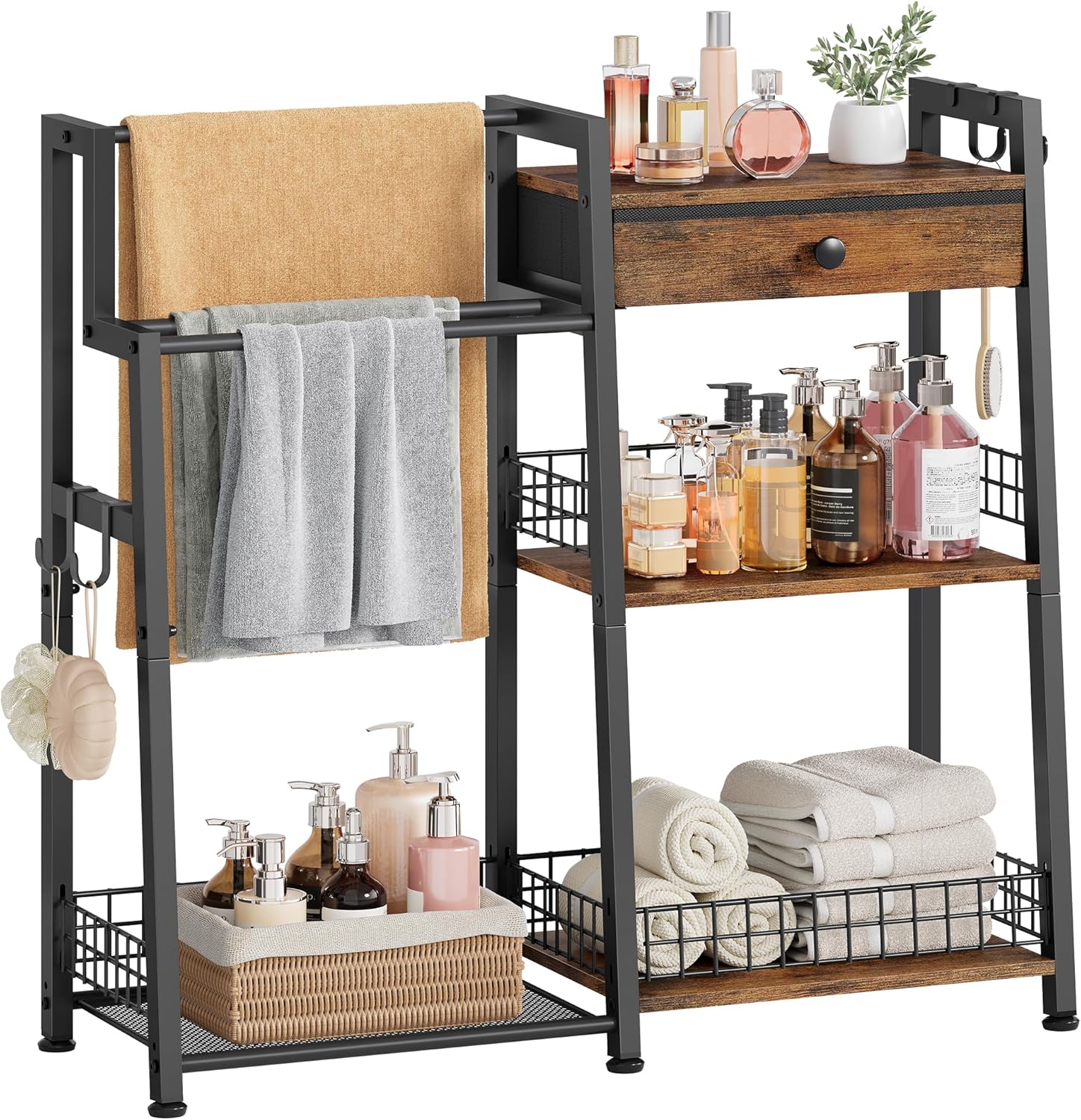Gewudraw 2-in-1 Bathroom Ladder Shelf, 3-Tier Freestanding Towel Shelf with Drawer & Hooks, Storage Organizer for Bathroom, Laundry Room, Living Room, Balcony, Rustic Brown