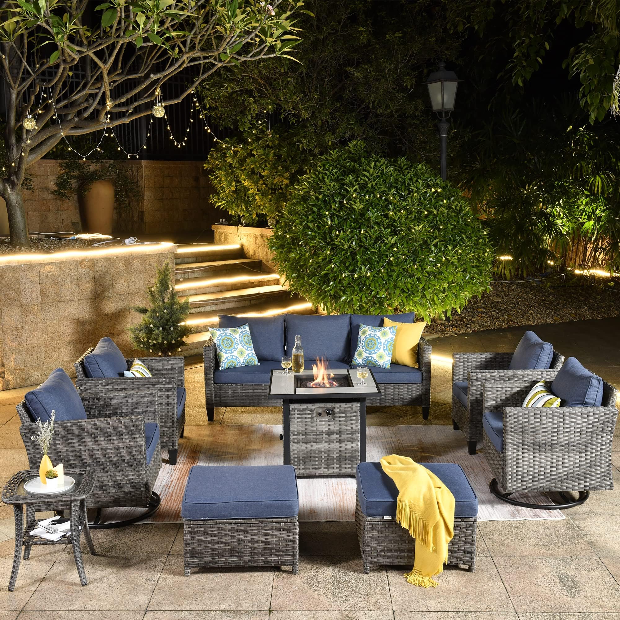 ovios 9 Pieces Patio Furniture Set with Square Fire Pit Table, Outdoor Swivel Rocking Chairs, High Back Wicker Rattan Conversation Set for Deck Porch, Denim Blue