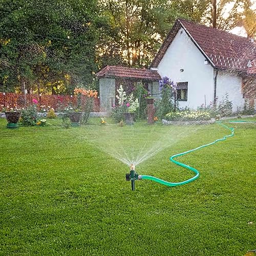 Miniatura 5 de Paquete de 2 aspersores de metal para césped, rociador automático de latón con base de pico, boquilla de rociadores ajustables de 360 grados,