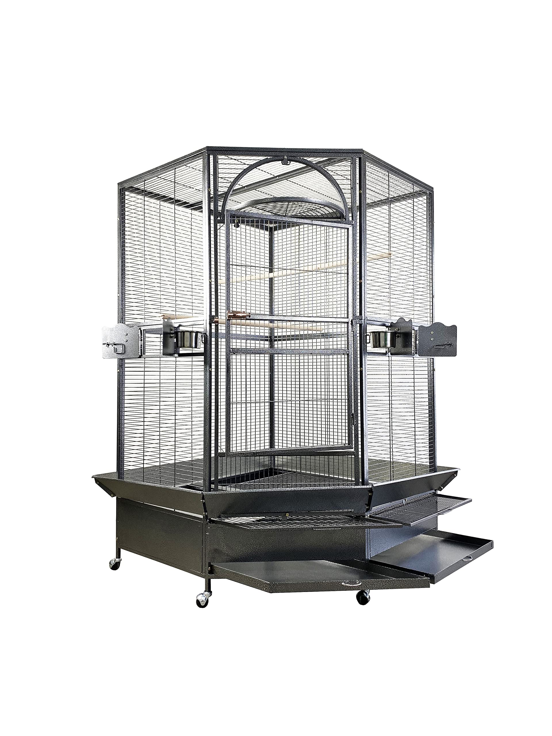 Pet's Solution - Gabbia per Pappagalli ad Angolo, Voliera Robusta e Angolare Adatta per Uccelli di Grandi Dimensioni, con Posatoi, Ciotole, Vassoi Estraibili e Ruote, Nera - 128 x 128 x 186 cm