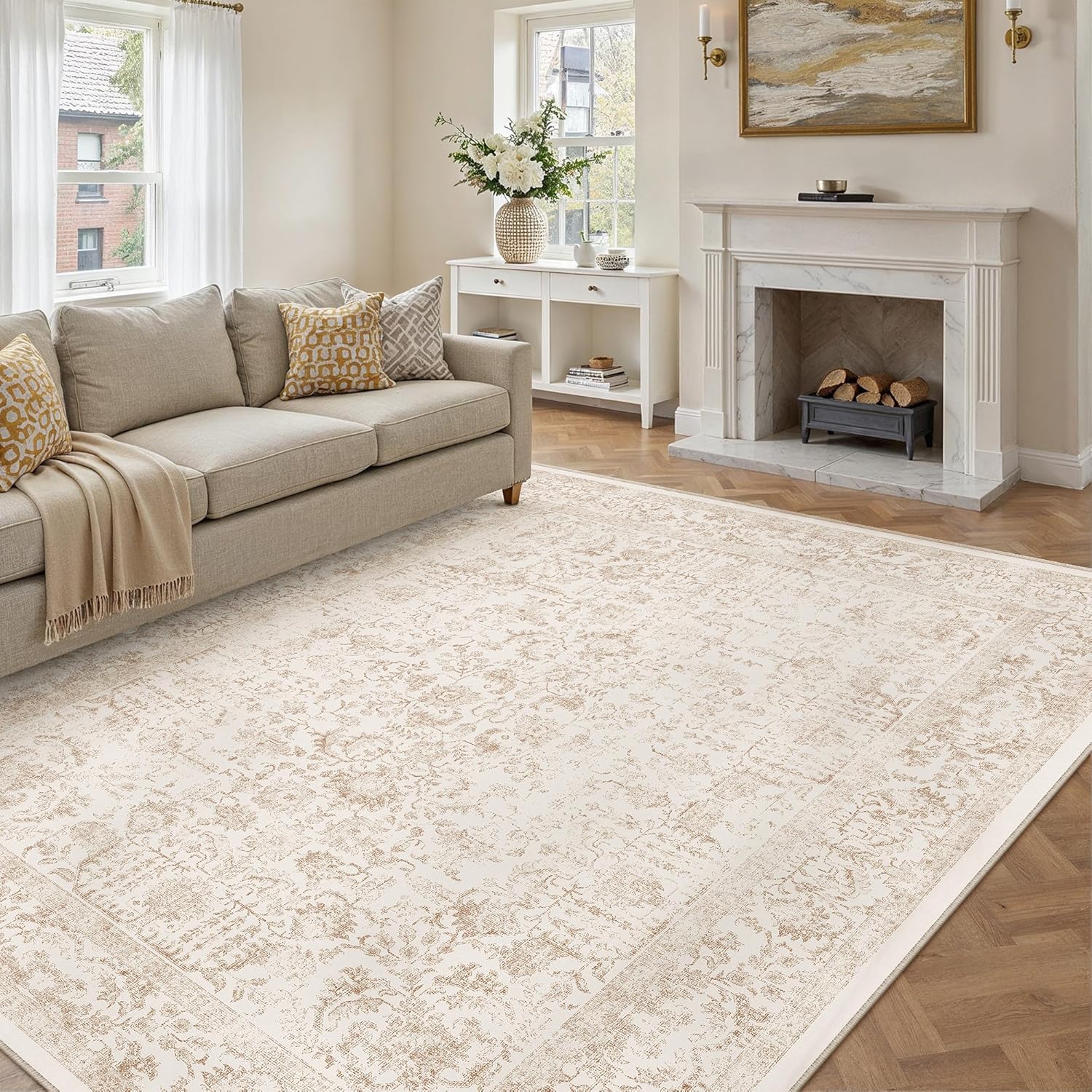 PureCozy Beige Area Rug 8x10 Machine Washable Large Vintage Living Room Distressed Non Slip Carpet Traditional Indoor Bedroom Retro Floral Accent Throw Rug for Office Kitchen Dining Room