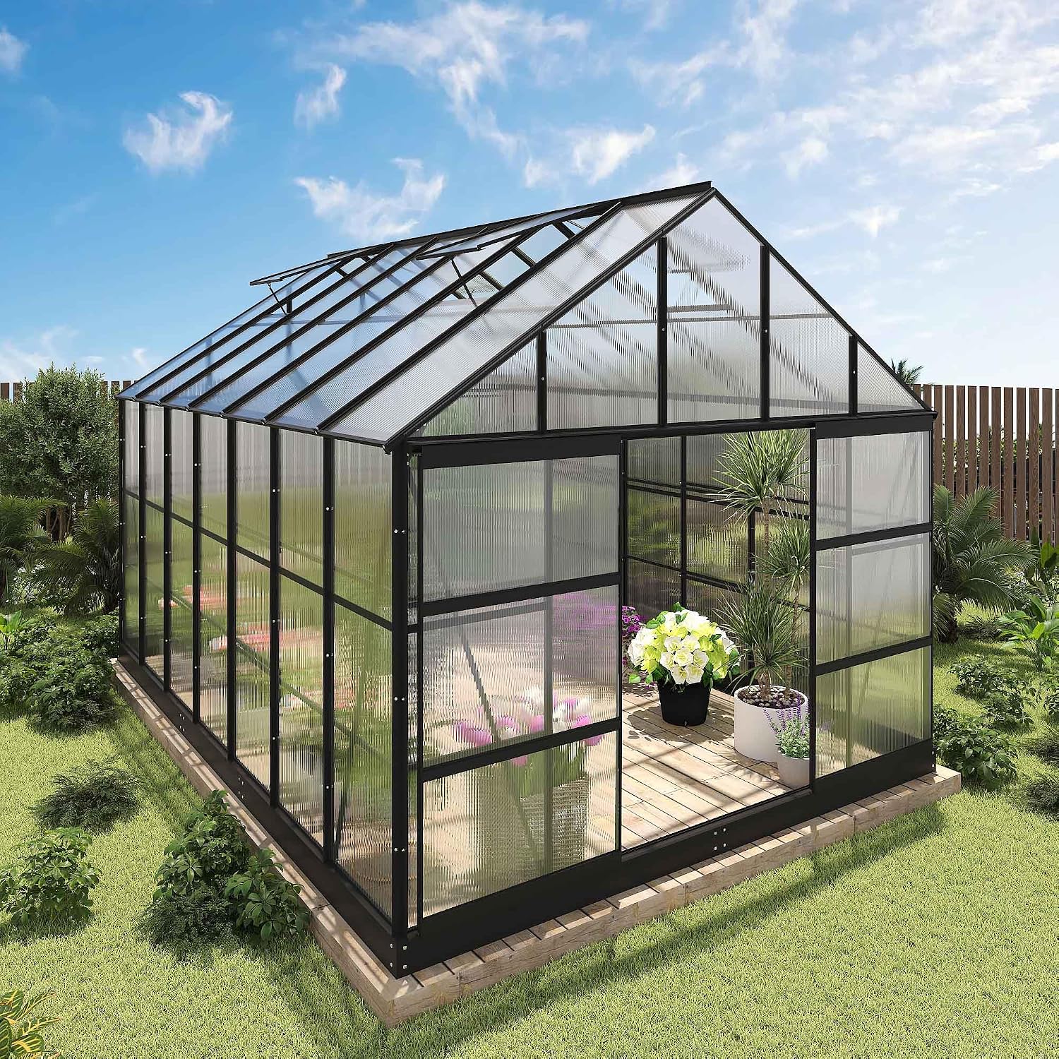 10x14 FT Polycarbonate Greenhouse, Walk-in Greenhouse for Outdoor, Heavy Duty Aluminum Frame with 4 Roof Vent Windows for Garden, Patio and Backyard