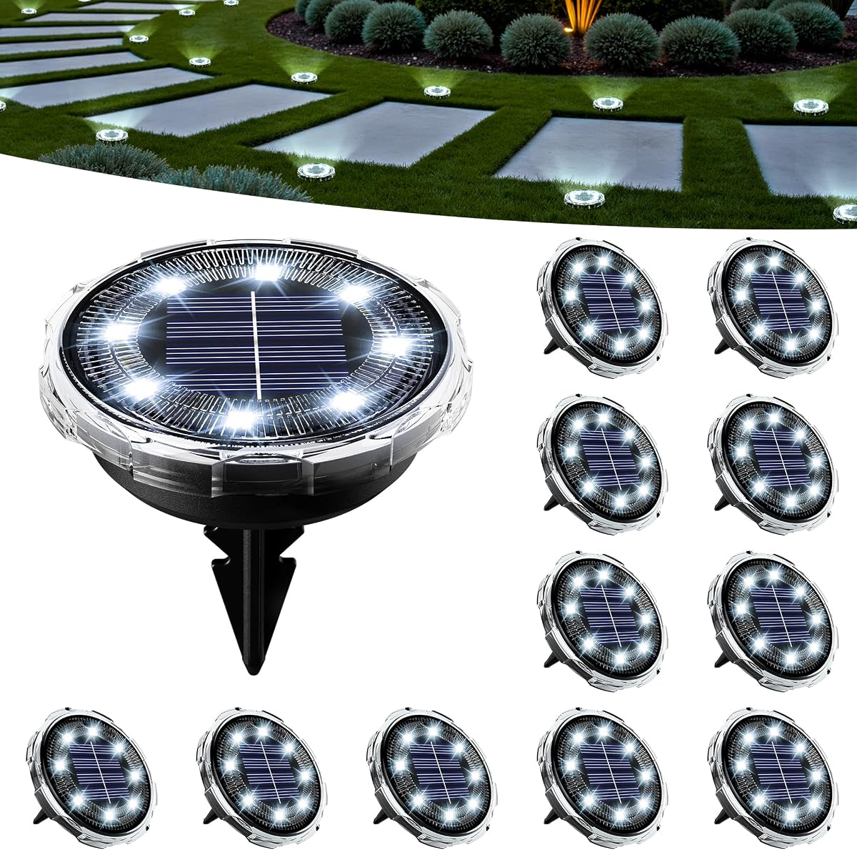 SOLPEX Luces solares de suelo para exteriores, luces de camino, paquete de 12, color blanco frío