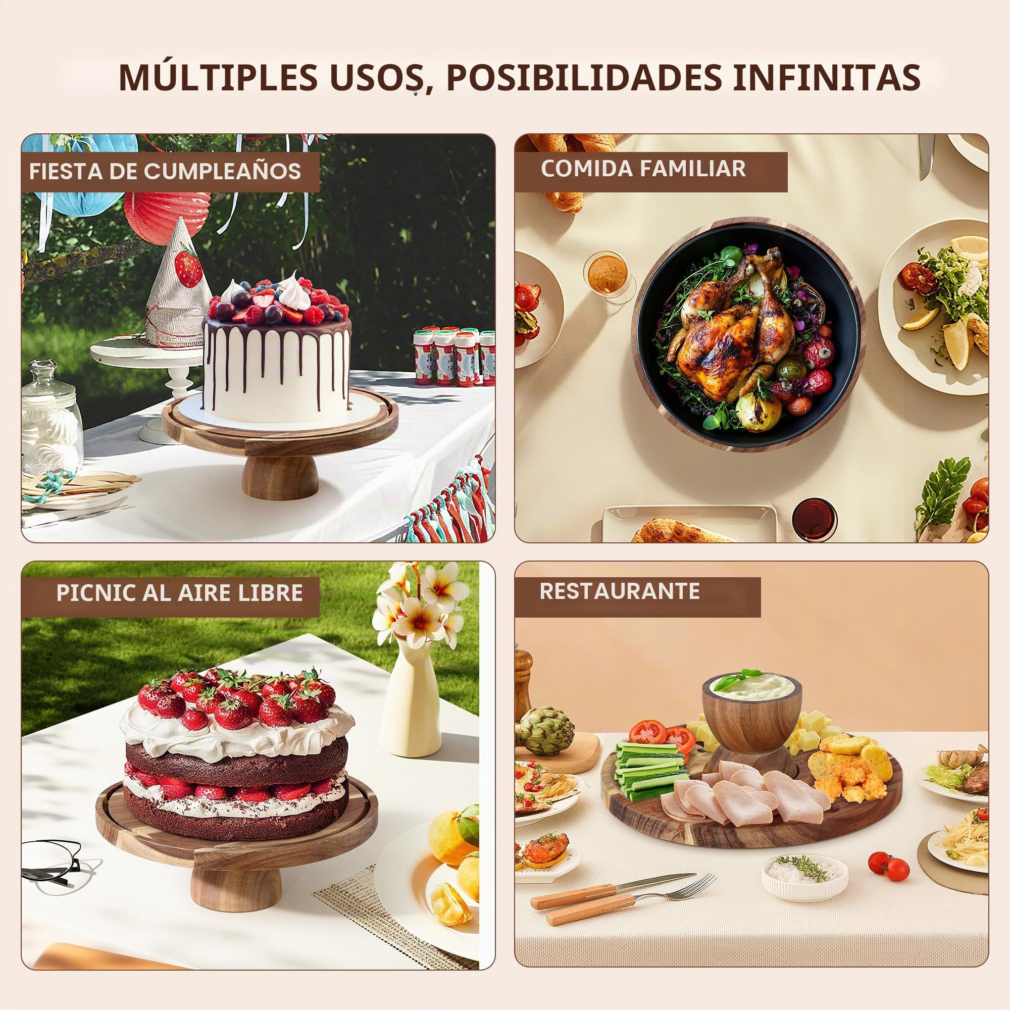 30cm soporte tarta de madera | bandeja doble cara para postres, frutas y snacks con base para tartas desmontable y campana para tartas PET transparente | Ideal boda, fiesta, té de la tarde