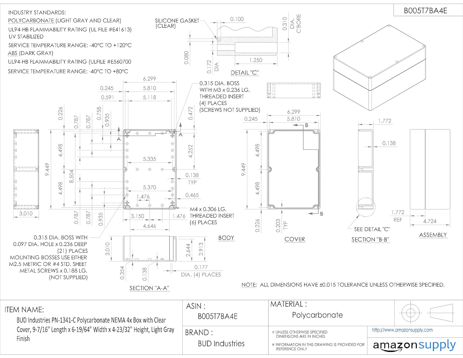 BUD Industries PN-1341-C Polycarbonate NEMA 4X Box 9.45" L x 6.3" W x 4.72" H, Gray