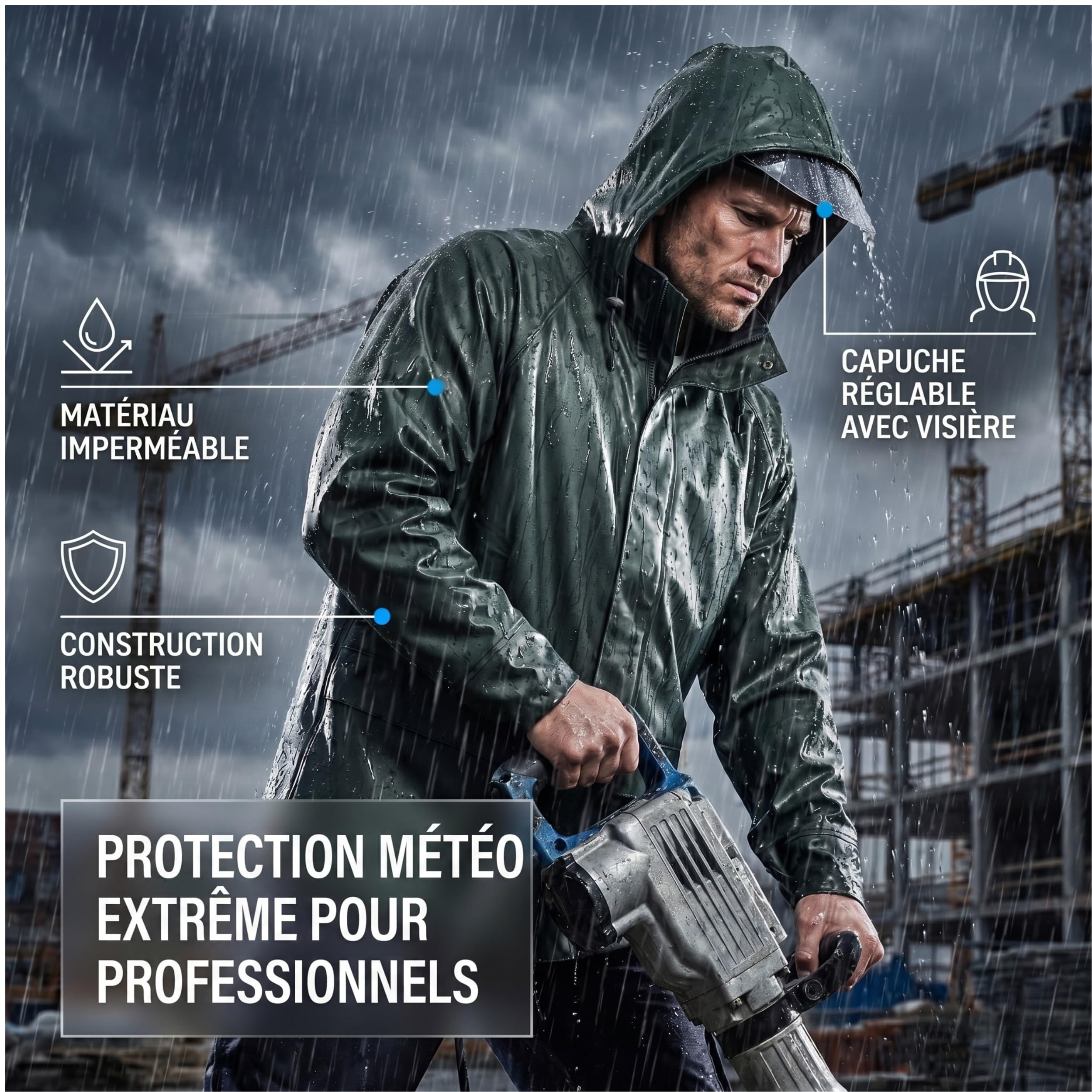 NEO TOOLS Veste de pluie pour hommes avec capuche ou set de pluie avec pantalon de pluie, taille M-3XL | Imperméable EN 343, tissu PU+PVC, 310g/m2, coutures collées, décapage à l'abri de l'eau