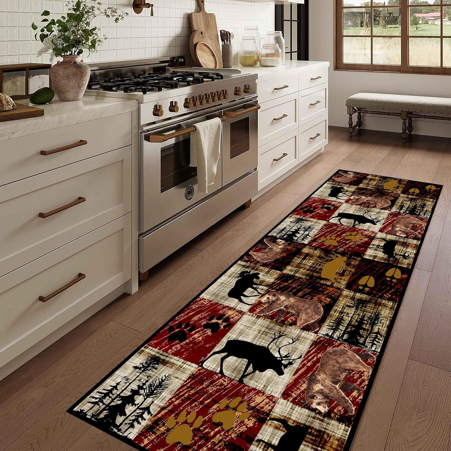 Farmhouse Runner Rug, 2x6ft, Buffalo Plaid Lodge Bear Moose Deer Rugs for Living Room Rustic Cabin Bedroom Throw Rugs Non Slip Washable Floor Carpet Large Brown Vintage Country Home Decor