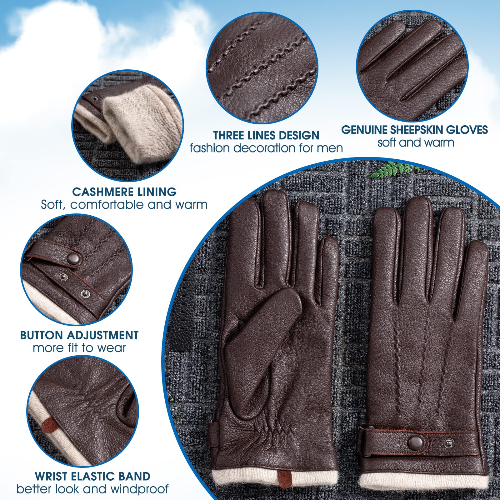 Acdyion Guantes de invierno para hombre, de piel, para pantalla táctil, informales, para exteriores, con forro térmico suave y cálido para vestido, conducción