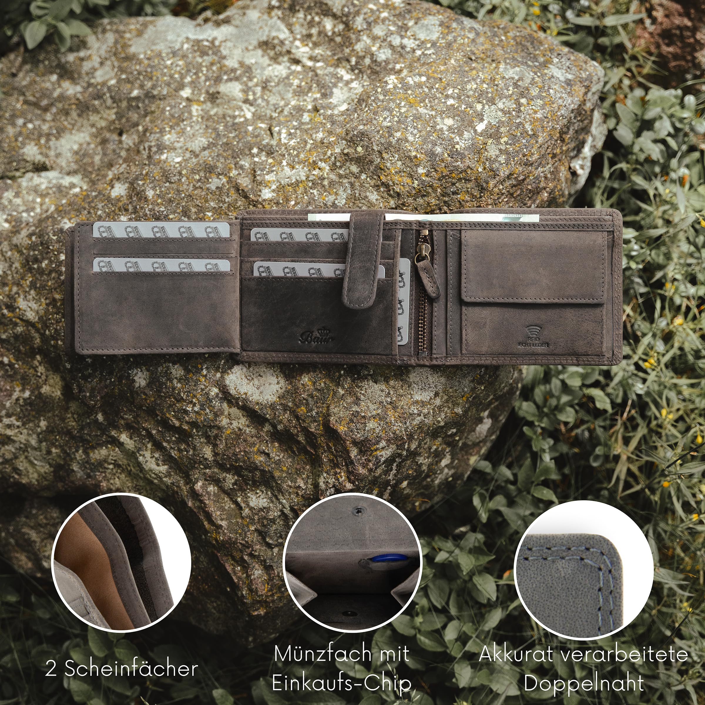 Baur - Cartera de piel de búfalo auténtica para hombre, con protección RFID, formato horizontal, con compartimento para monedas, con muchos compartimentos para tarjetas, gris, 12,5x9,5x2, Formato