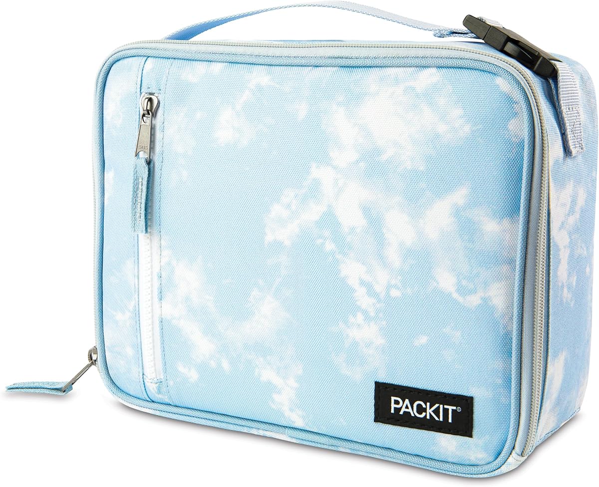 PackIt Fiambrera clásica congelable, cielo azul, construida con tecnología EcoFreeze, plegable, reutilizable, cierre de cremallera con bolsillo frontal con cremallera y asa con hebilla, perfecta para almuerzos escolares