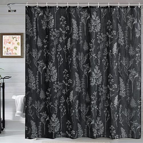Estmy Cortina de ducha vintage de lino botánico para baño, extralarga de 78 pulgadas, de tela con textura de madera negra, juego de cortina de ducha