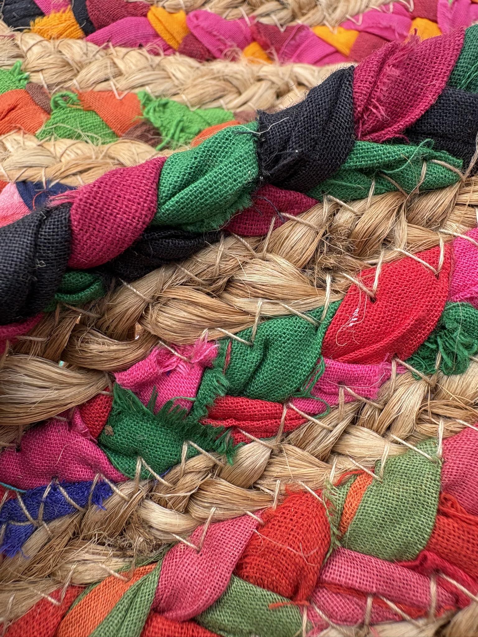 Tappeto Rotondo in Juta e Cotone Multicolore, Intrecciato e Cucito a Mano, Stile Etinco Naturale Tondo Esterno Interno (110_cm_Diametro)