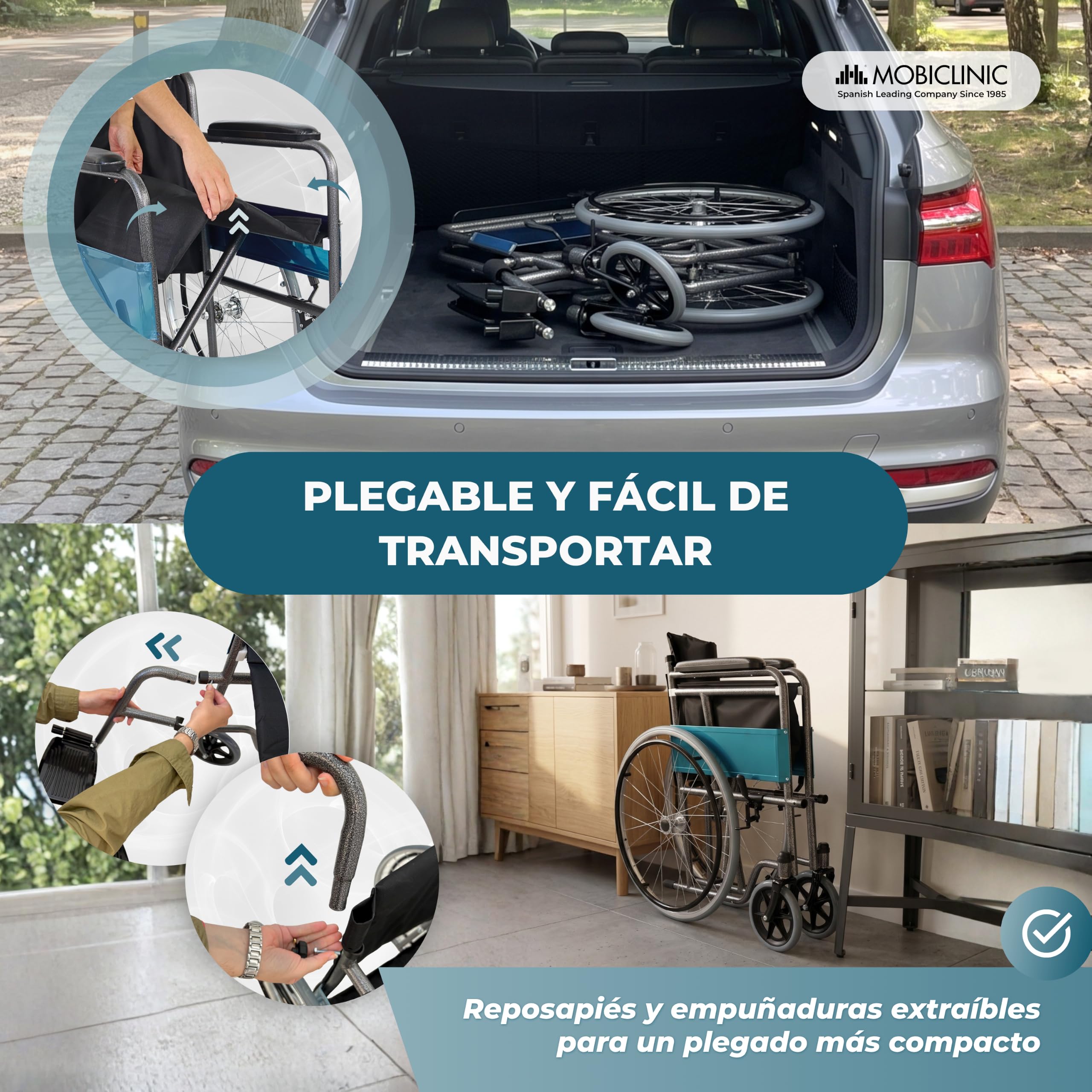 Mobiclinic®, Silla de ruedas plegable, Ligera, Alcázar, Autopropulsable, Freno estacionamiento, Asiento 46cm, Marca española, Reposapiés abatibles, Reposabrazos acolchados, Resistente