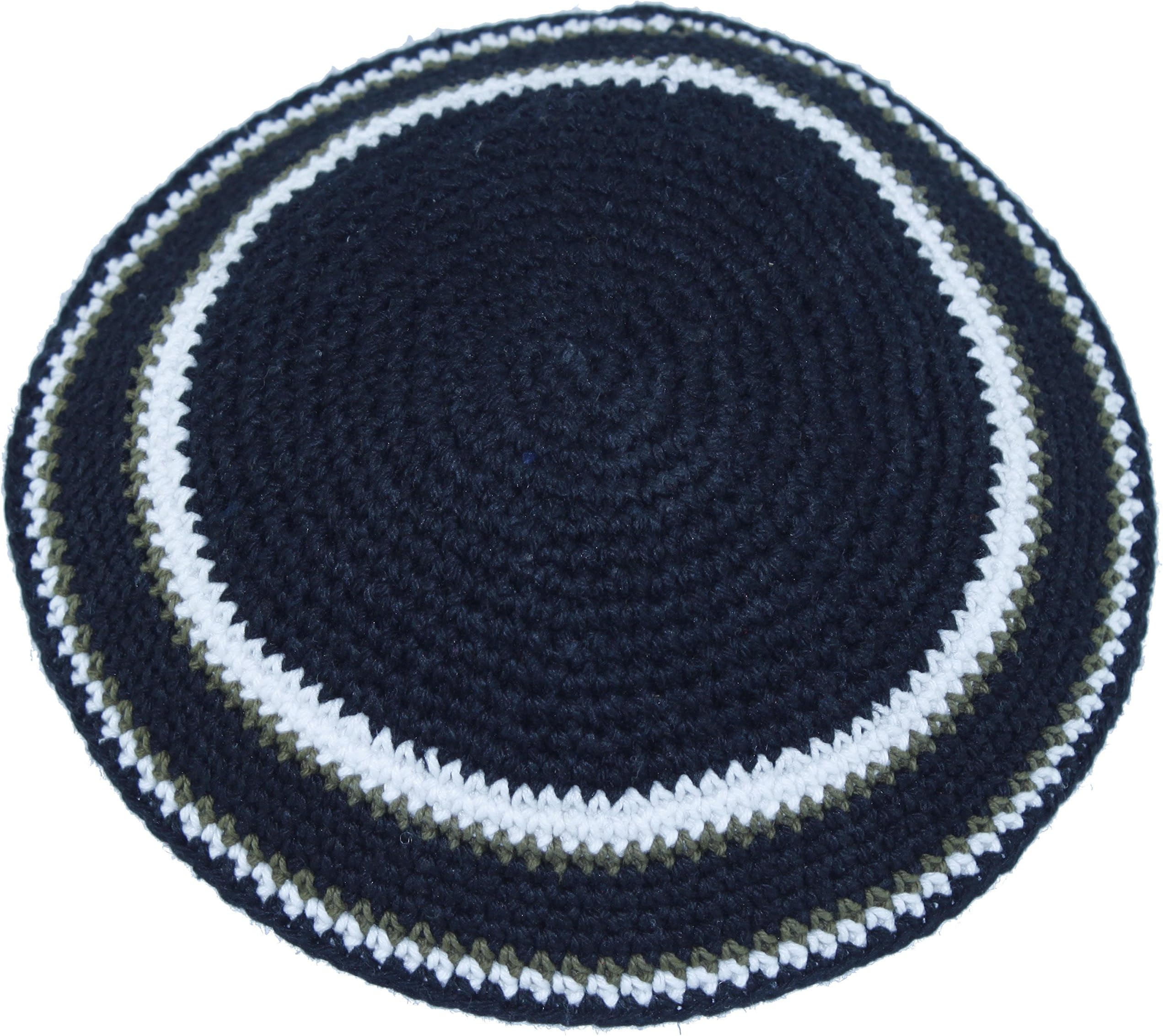 Holy Land Market Black/White 17cm DMC 100% Knitted Cotton Kippah Torah Chabad Yarmulke Jewish