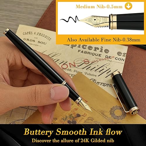 Miniatura 4 de BEILUNER Pluma estilográfica negra, impresionante laca de piano de lujo, punta dorada de 24 quilates (mediana), hermoso acabado en oro de 24