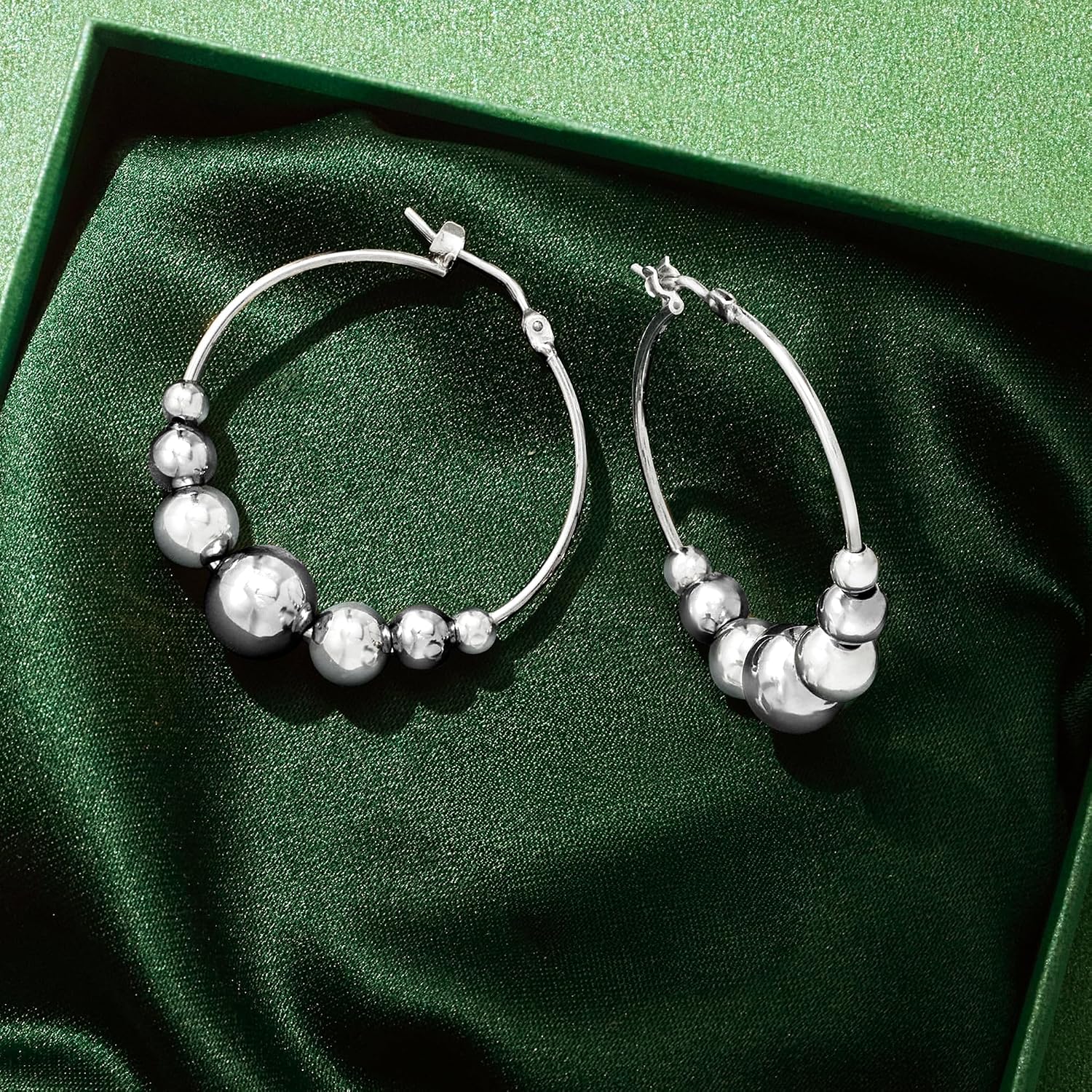 Ross-Simons Italian Sterling Silver Graduated Bead Hoop Earrings