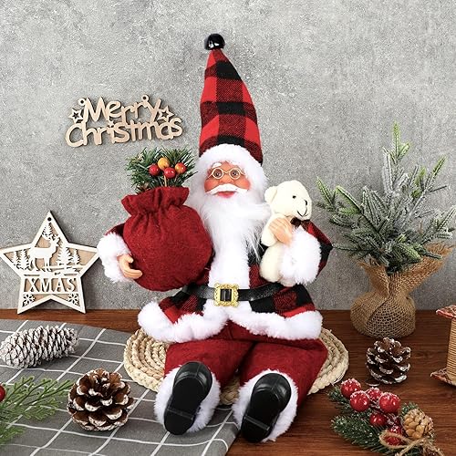 Miniatura 5 de AnyDesign Christmas Sitting Santa Hand Crafted Cute Chic Santa Claus Figurines Doll with Gift Bag and Little Bear Christmas Decoration for Home