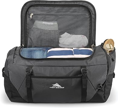 High Sierra Fairlead Travel Overnight Duffel Backpack Gym Bag with Padded Handles, Compression Straps, and Multiple Pockets, Mercury/Black