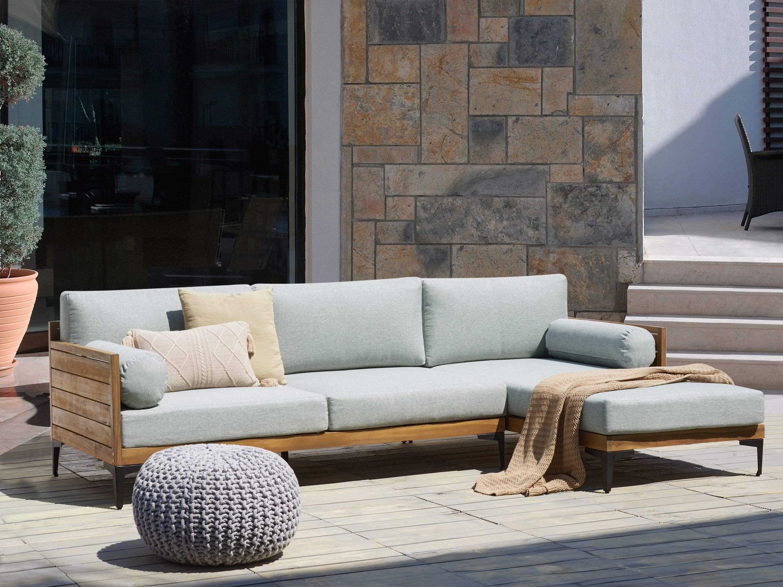 4-Sitzer Garten Ecksofa links Akazienholz hellbraun mit Kissen grau Cavezzo