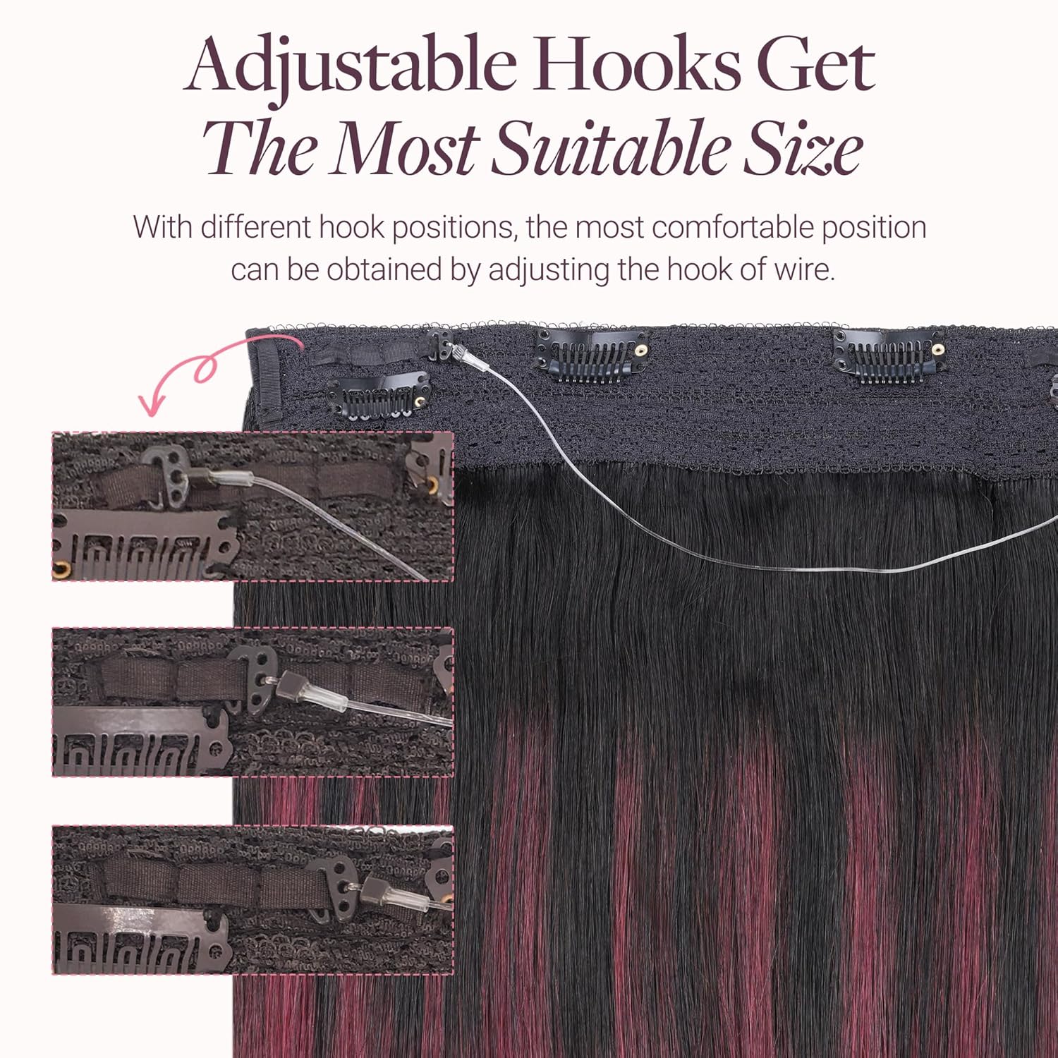 GOO GOO Wire Hair Extensions Human Hair, 1/99 Balayage Jet Black to Red, 20inch 140g, Invisible Wire Hair Extensions with Transparent, Seamless Fish Line Hairpiece