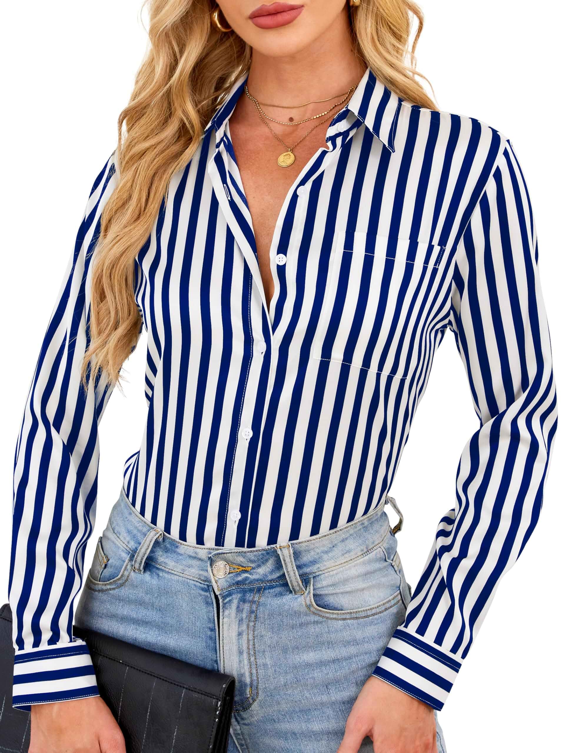 BBIBBI Wrinkle-Resistant Silky Women Printed Button Down Shirt Long Sleeve Fitted Size XS-3XL, Lightweight, Durable Stitching, Breathable & Non-see-through, No Shrinking, Business & Casual Wear