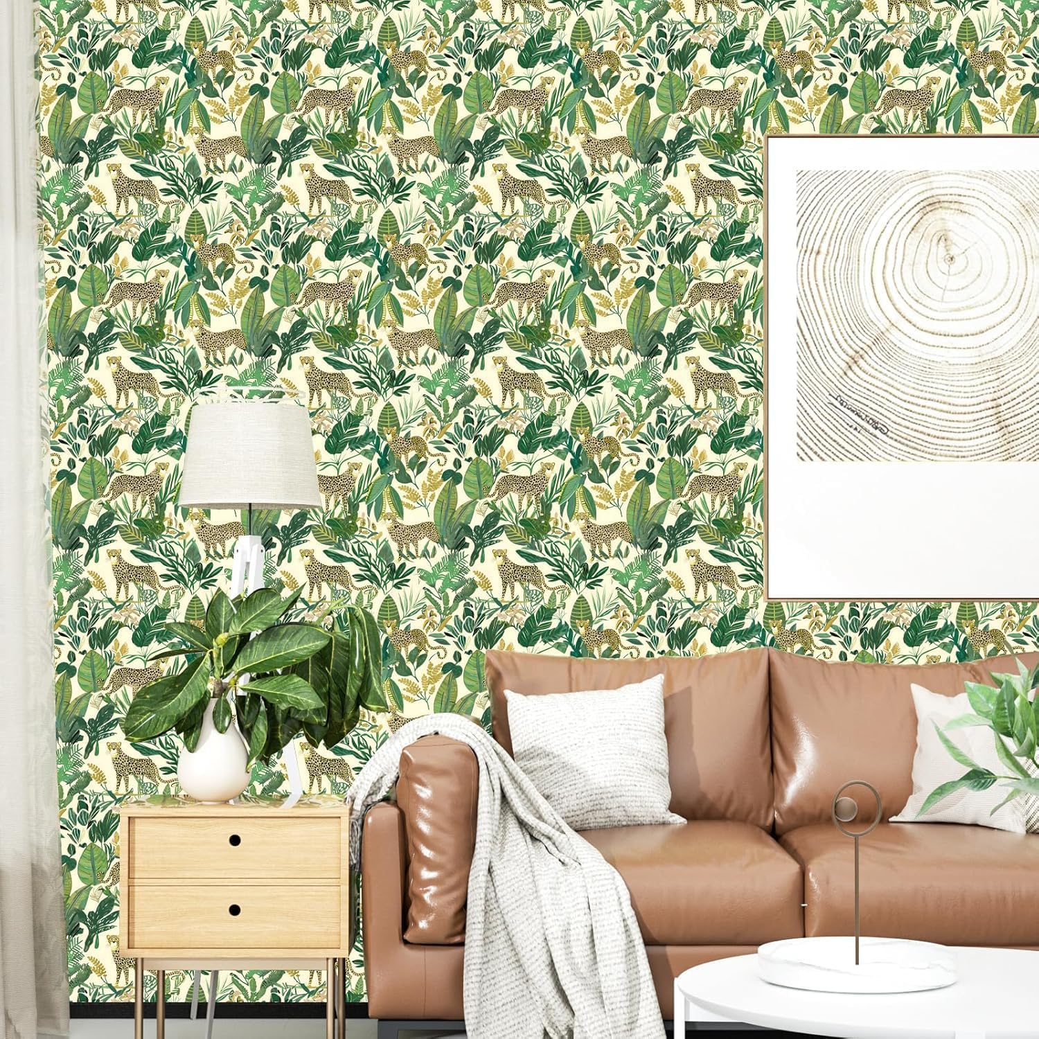 Leopard Wallpaper Peel and Stick Jungle Animal Wallpaper Yellow Leaf Tropical Contact Paper for Cabinet Waterproof Self Adhesive Pink Wall Paper for Kitchen Countertop Wall 17.5" x 393"