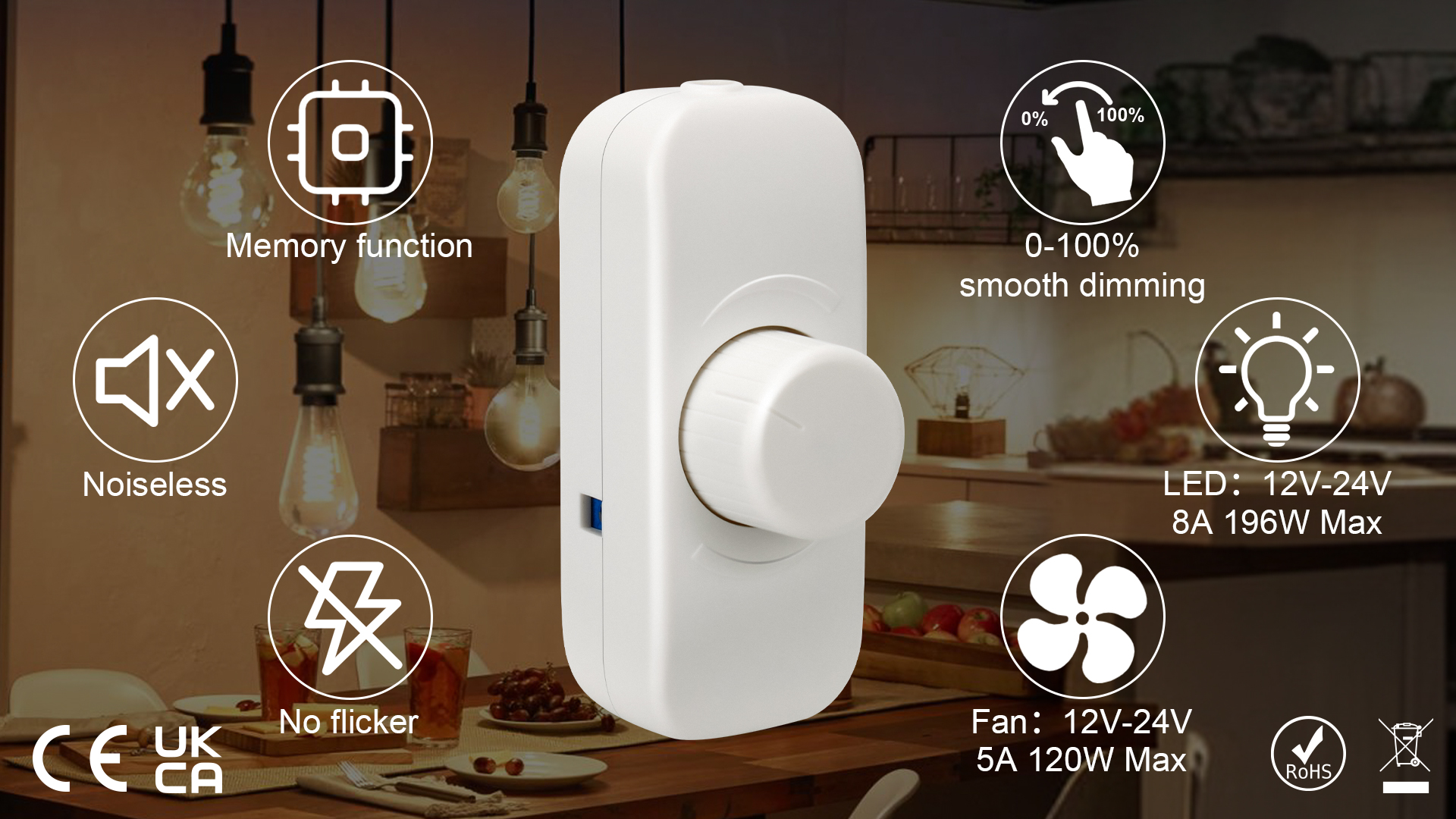 Aroidful LED dimmer DC 12-24V schakelaar en dimmer voor LED 8A 192W dimbaar, ventilator 5A 120W, wit