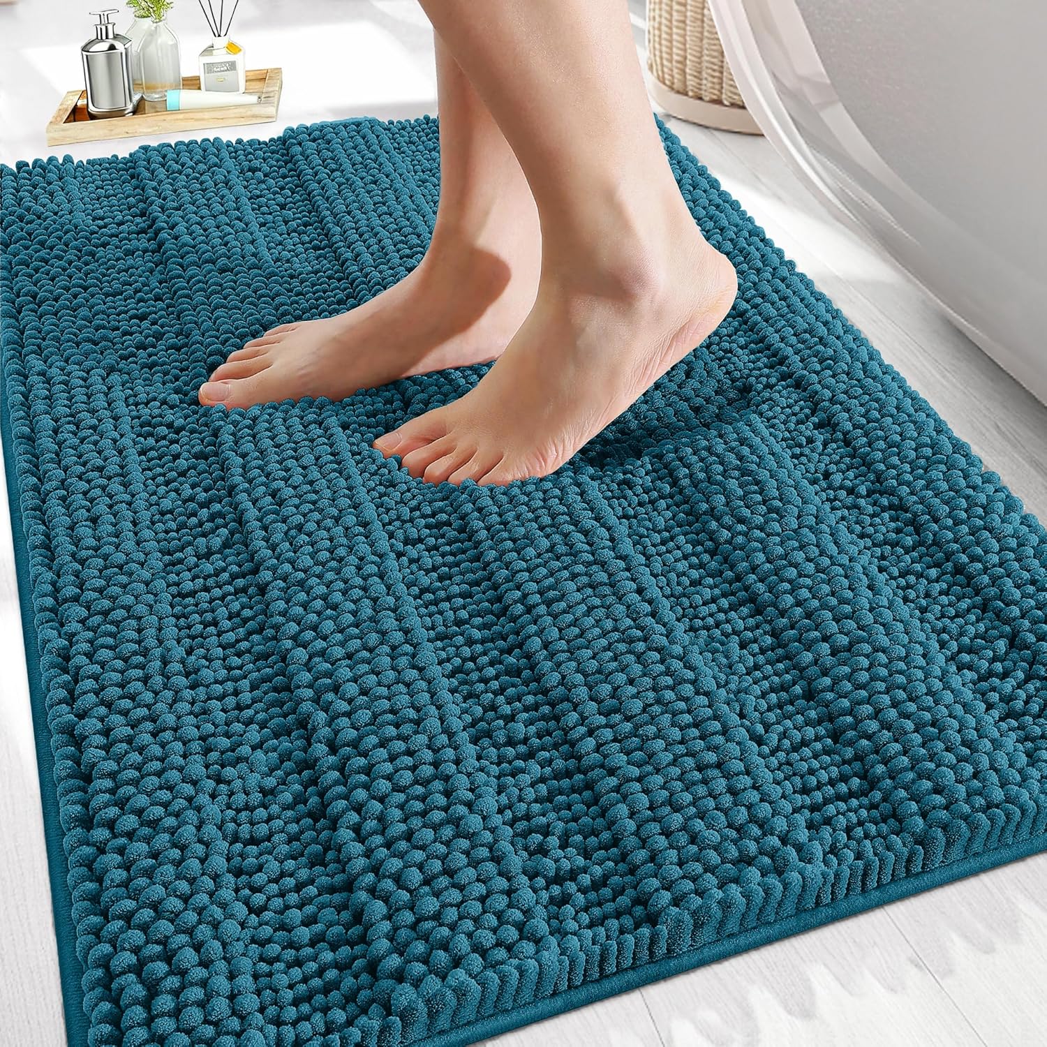 OLANLY Thick Bathroom Rugs 30x20, Extra Soft Absorbent Chenille Striped Bath Rugs, Rubber Backing, Machine Wash Dry, Bath Mats for Bathroom Floor, Tub and Shower, Home Decor Accessories, Peacock Blue