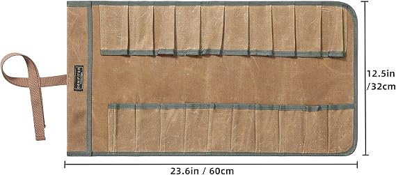 Wrench Roll, Durable 16 oz Waxed Canvas Tool Bag with 20 Slots,Tool Organizer Roll Up Bag | 23.6X12.5 Inch (Khaki)