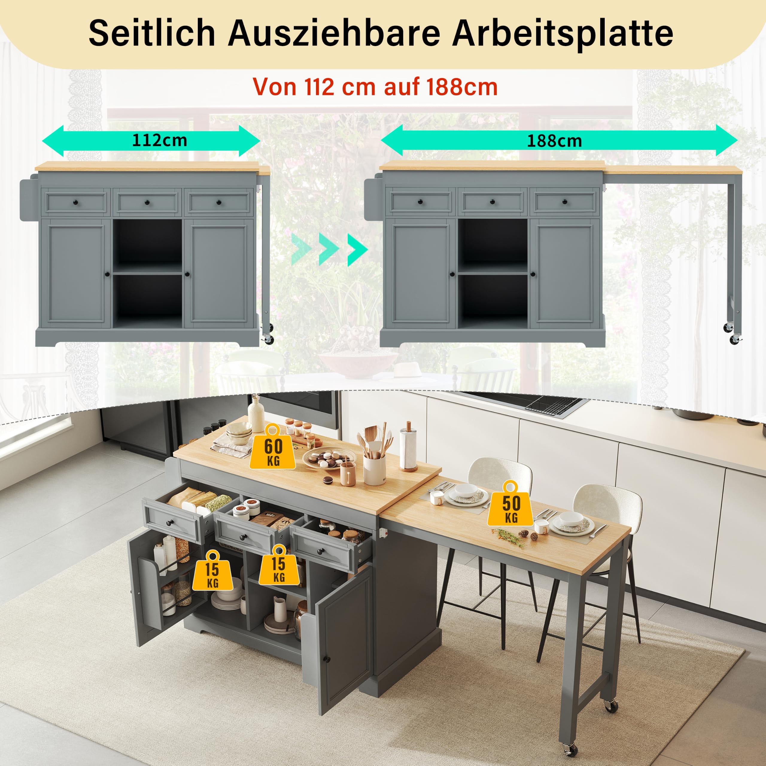 Isola da cucina su ruote, per sala da pranzo estensibile, isola da cucina con portaspezie e cassetti, isola mobile autoportante, ideale per cucina e sala da pranzo (grigio)